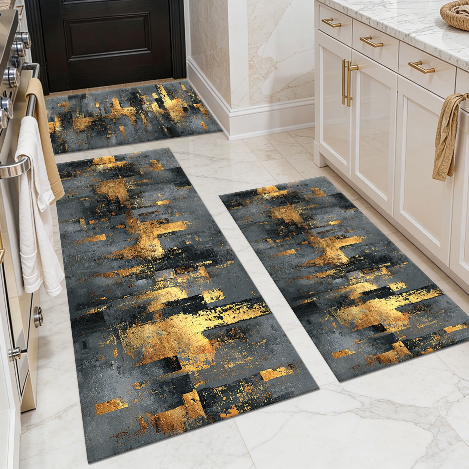 3 Piece Kitchen Rug Set, Non-Slip And Washable, Abstract Pattern Kitchen Hallway Rug, Soft And Comfortable, Suitable For Sinks, Floors, Entrances, Hallways and Bathrooms