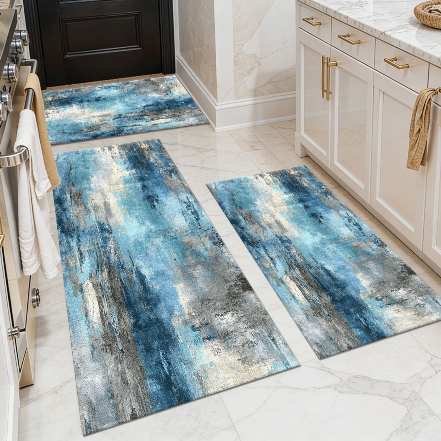 3 Piece Kitchen Rug Set, Non-Slip And Washable, Abstract Pattern Kitchen Hallway Rug, Soft And Comfortable, Suitable For Sinks, Floors, Entrances, Hallways and Bathrooms