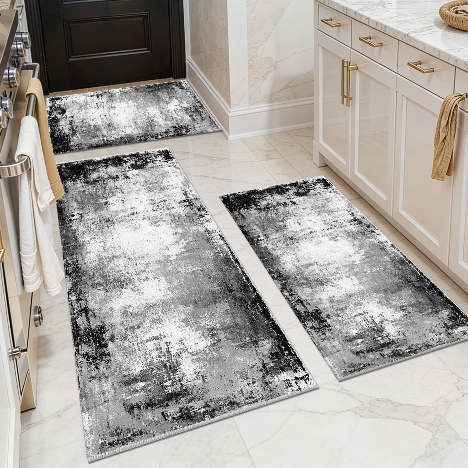 3 Piece Kitchen Rug Set, Non-Slip And Washable, Abstract Pattern Kitchen Hallway Rug, Soft And Comfortable, Suitable For Sinks, Floors, Entrances, Hallways and Bathrooms
