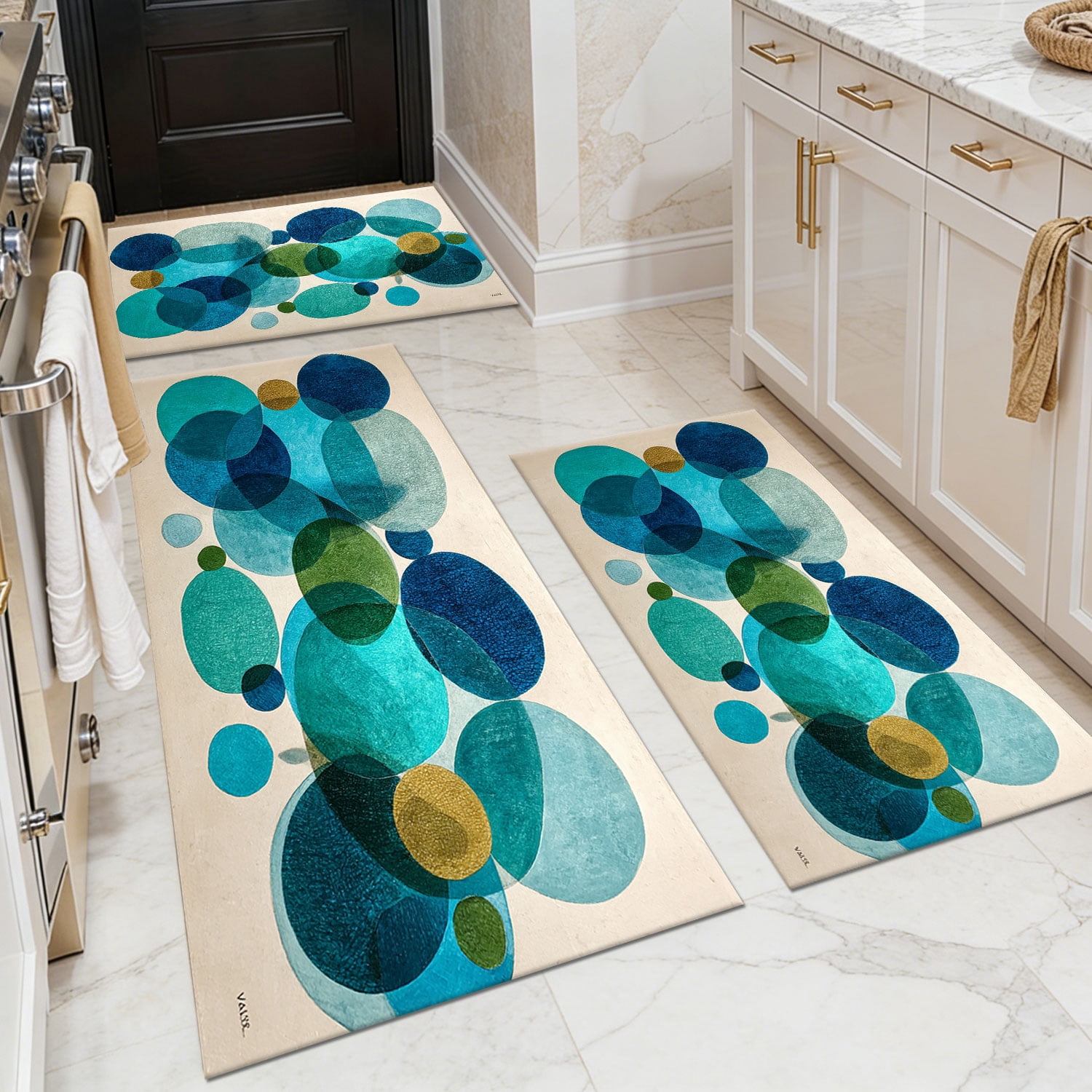 3 Piece Kitchen Rug Set, Non-Slip And Washable, Abstract Pattern Kitchen Hallway Rug, Soft And Comfortable, Suitable For Sinks, Floors, Entrances, Hallways and Bathrooms