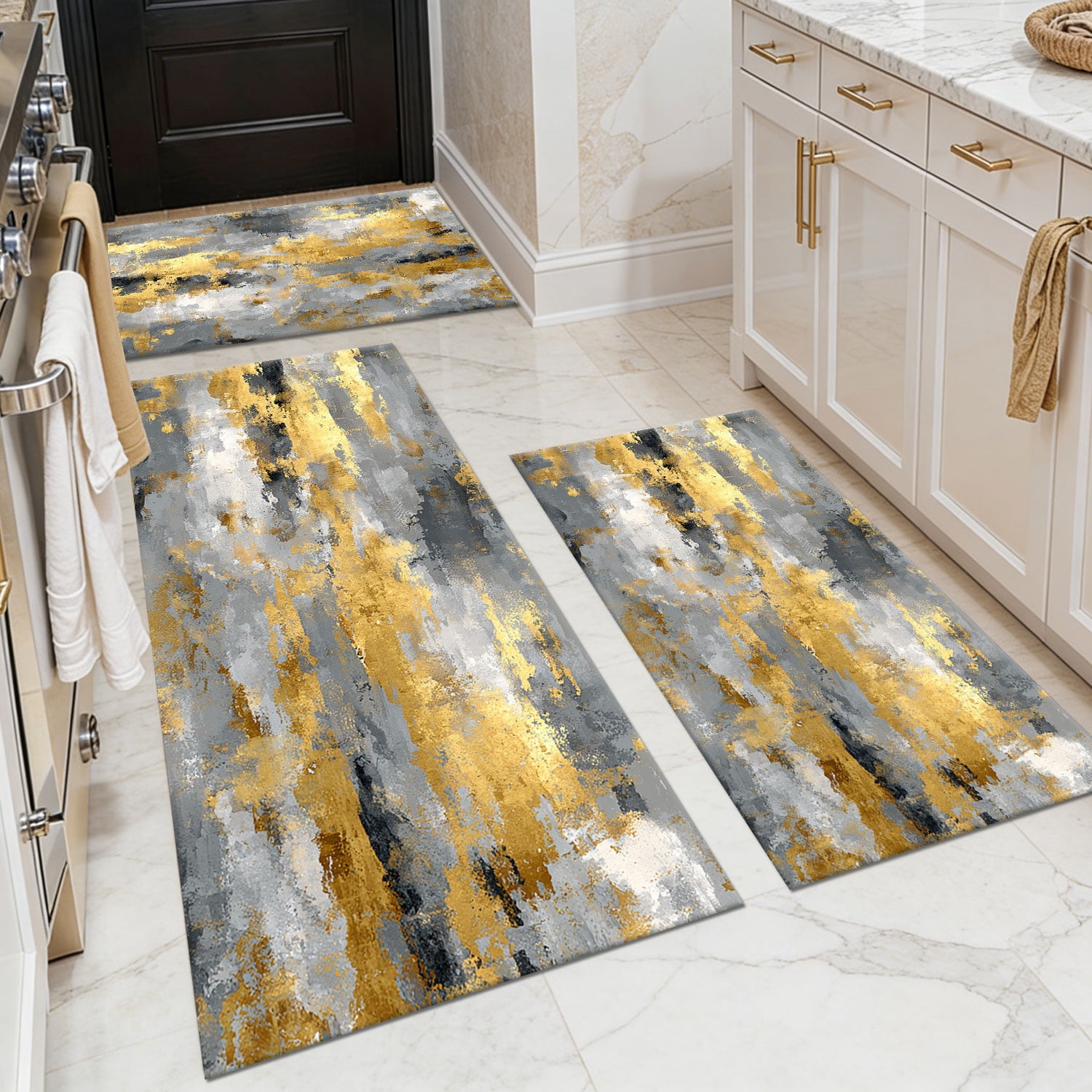 3 Piece Kitchen Rug Set, Non-Slip And Washable, Abstract Pattern Kitchen Hallway Rug, Soft And Comfortable, Suitable For Sinks, Floors, Entrances, Hallways and Bathrooms