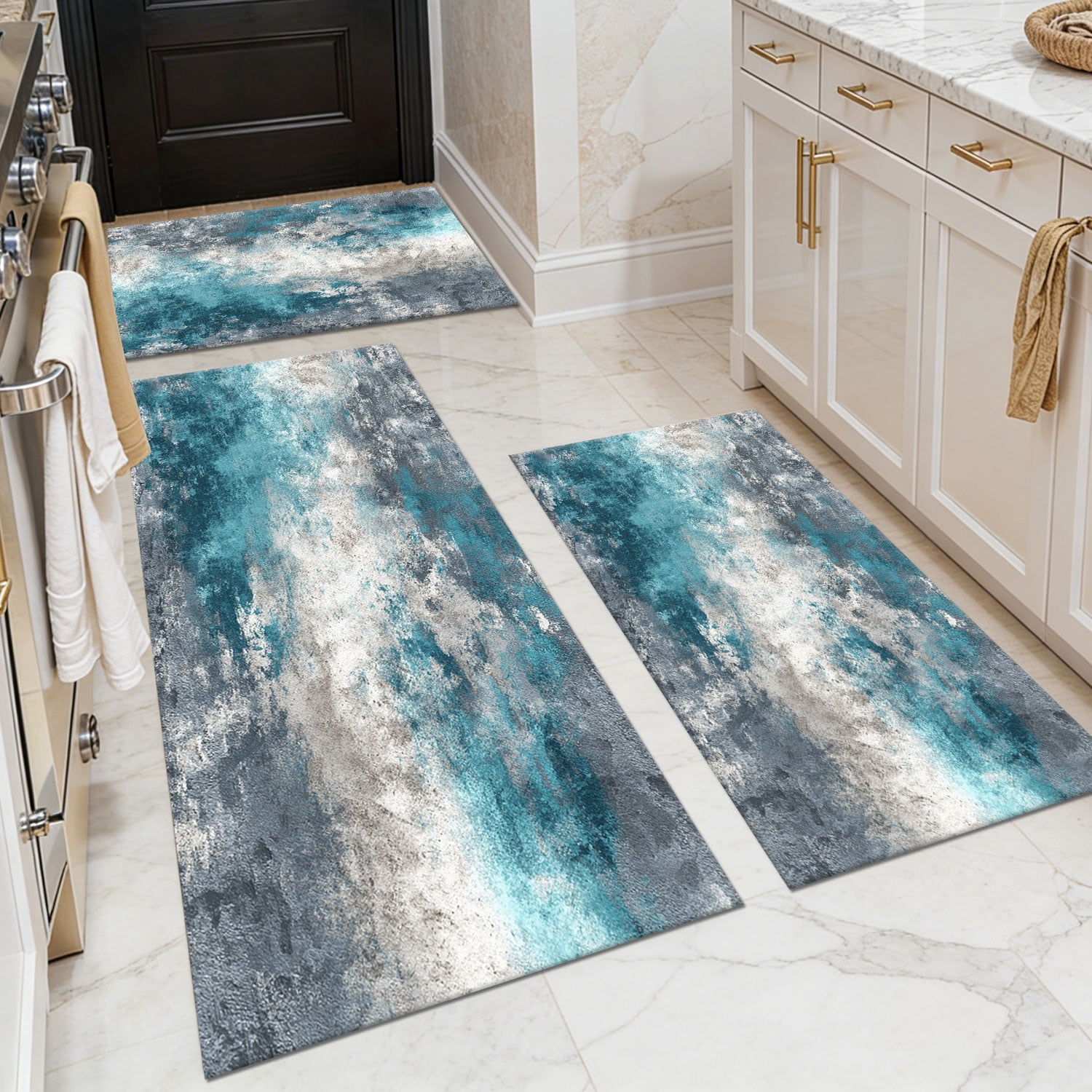 3 Piece Kitchen Rug Set, Non-Slip And Washable, Abstract Pattern Kitchen Hallway Rug, Soft And Comfortable, Suitable For Sinks, Floors, Entrances, Hallways and Bathrooms