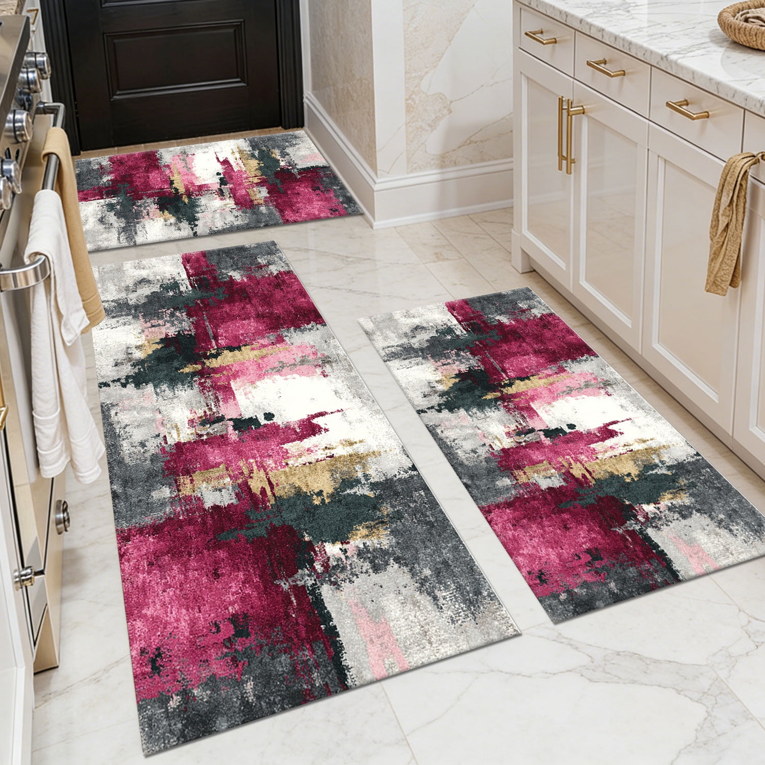 3 Piece Kitchen Rug Set, Non-Slip And Washable, Abstract Pattern Kitchen Hallway Rug, Soft And Comfortable, Suitable For Sinks, Floors, Entrances, Hallways and Bathrooms