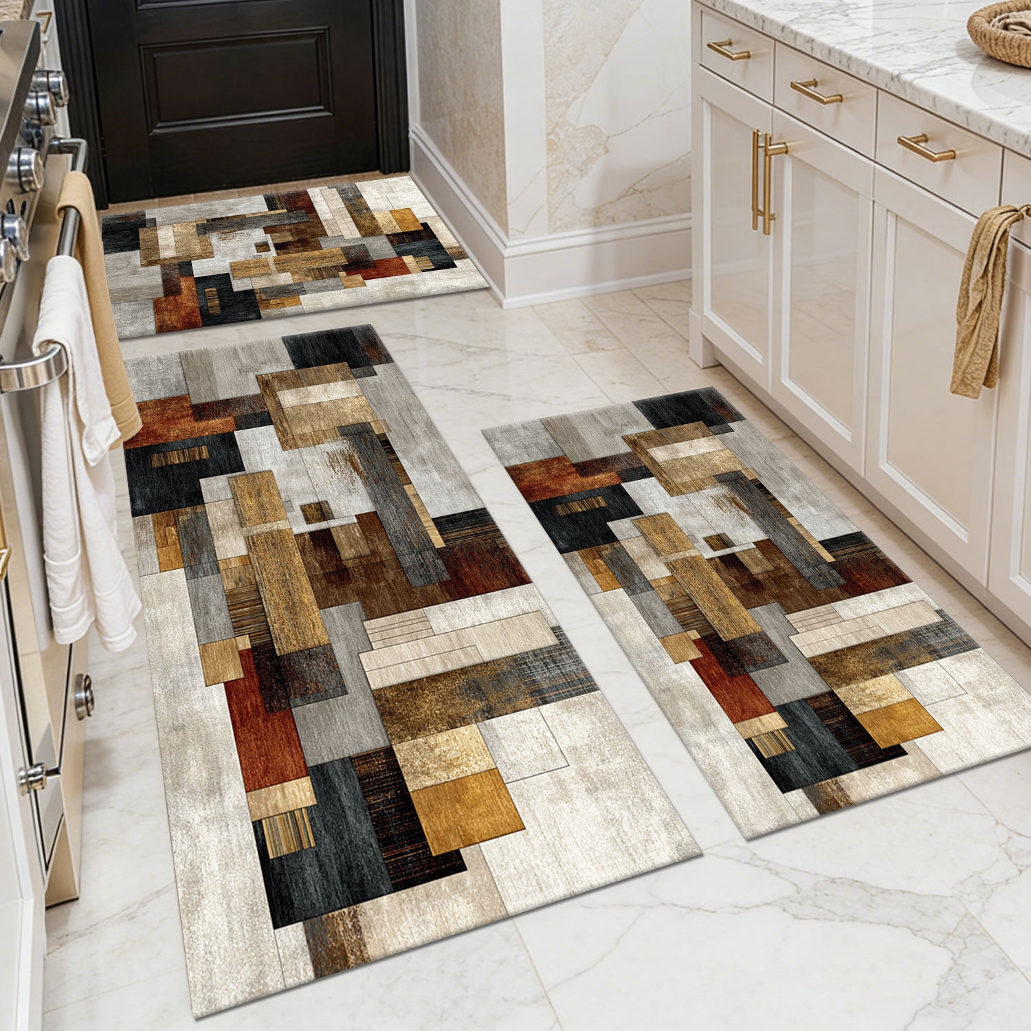 3 Piece Kitchen Rug Set, Non-Slip And Washable, Abstract Pattern Kitchen Hallway Rug, Soft And Comfortable, Suitable For Sinks, Floors, Entrances, Hallways and Bathrooms