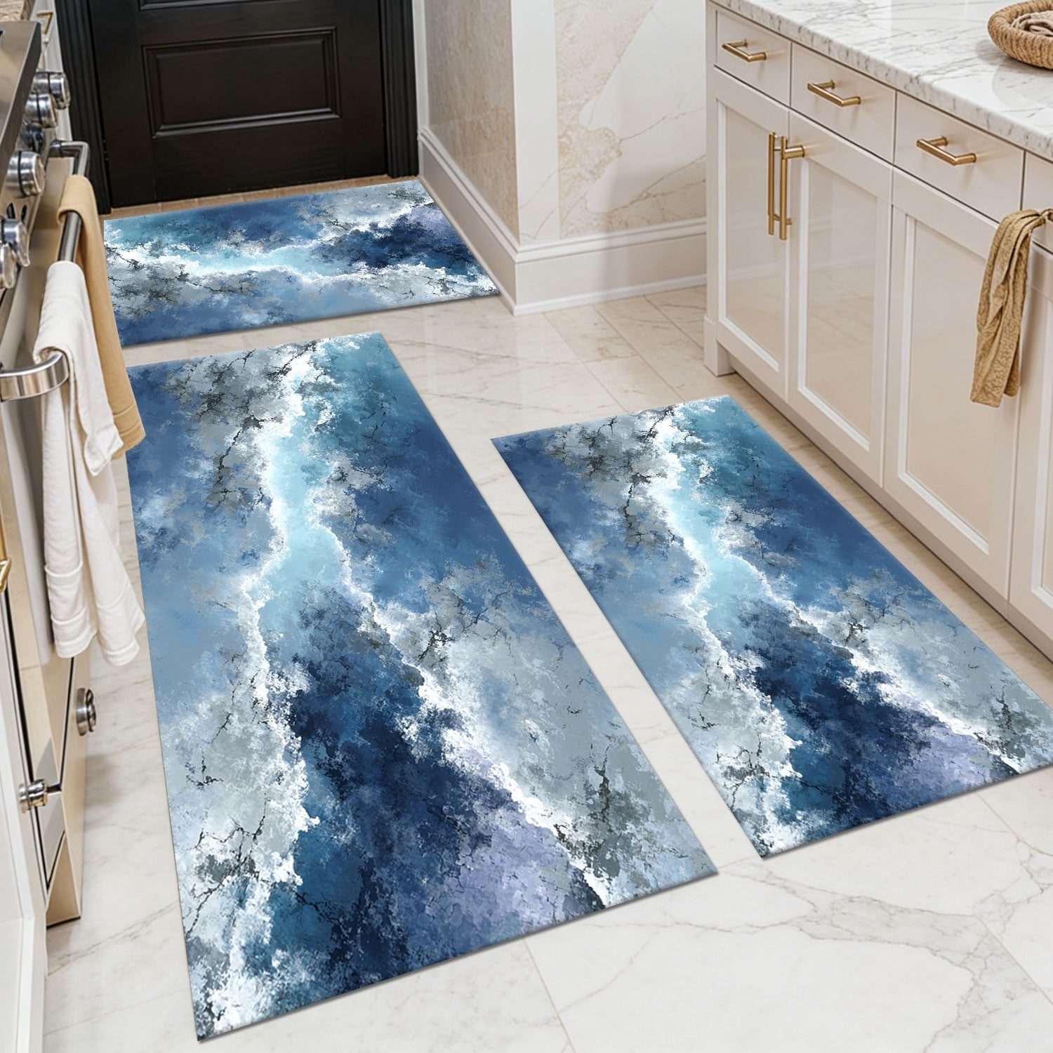 3 Piece Kitchen Rug Set, Non-Slip And Washable, Abstract Pattern Kitchen Hallway Rug, Soft And Comfortable, Suitable For Sinks, Floors, Entrances, Hallways and Bathrooms