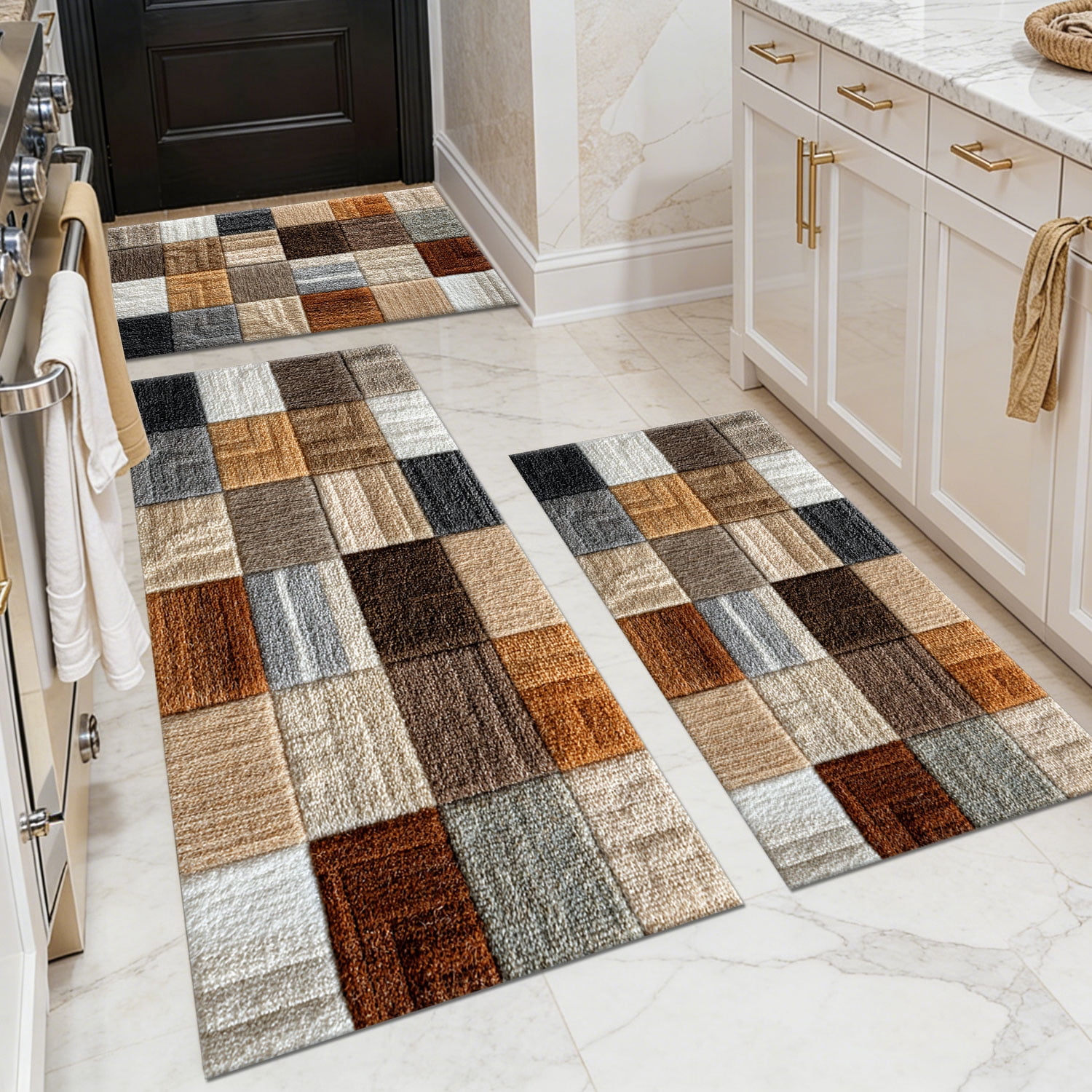 3 Piece Kitchen Rug Set, Non-Slip And Washable, Abstract Pattern Kitchen Hallway Rug, Soft And Comfortable, Suitable For Sinks, Floors, Entrances, Hallways and Bathrooms