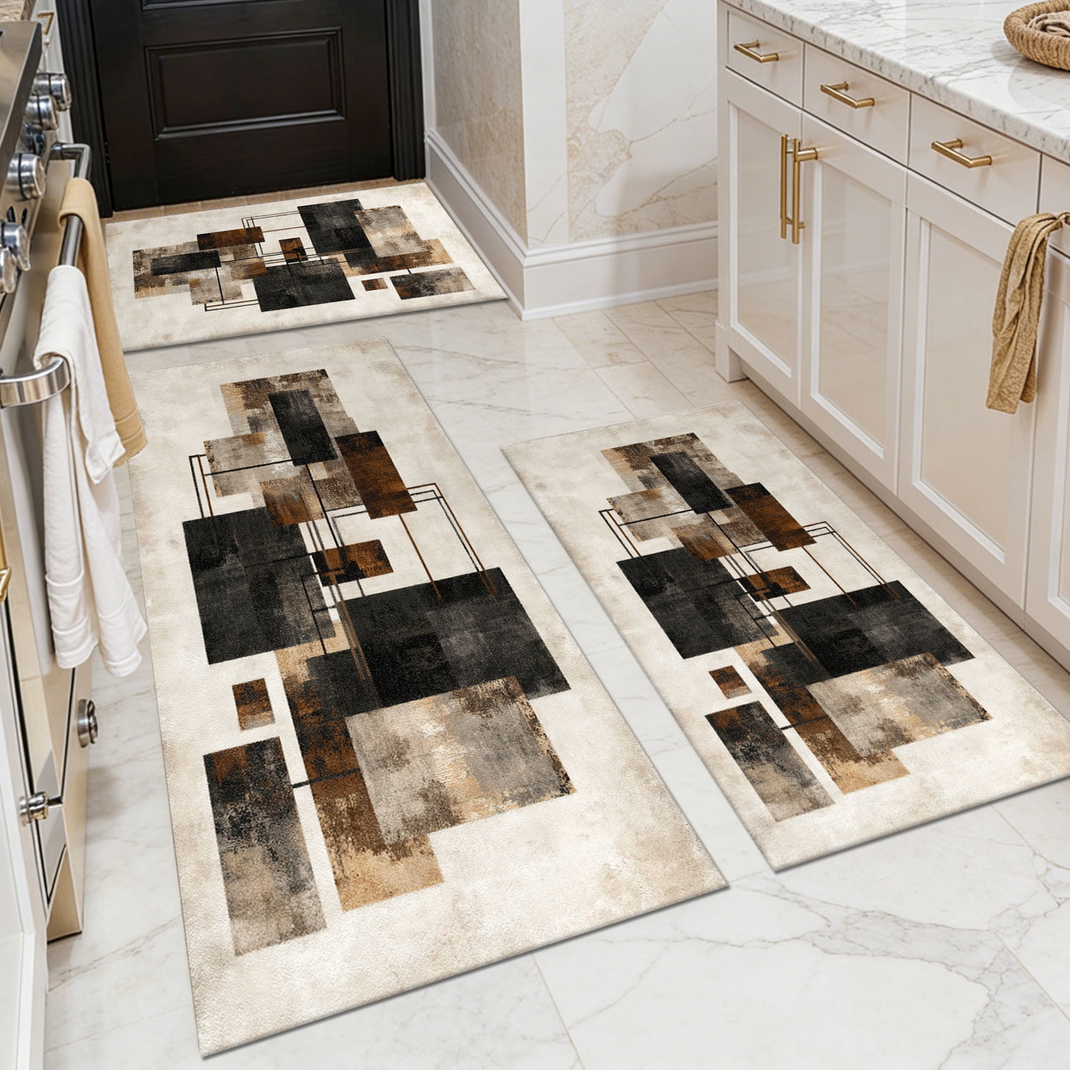 3 Piece Kitchen Rug Set, Non-Slip And Washable, Abstract Pattern Kitchen Hallway Rug, Soft And Comfortable, Suitable For Sinks, Floors, Entrances, Hallways and Bathrooms