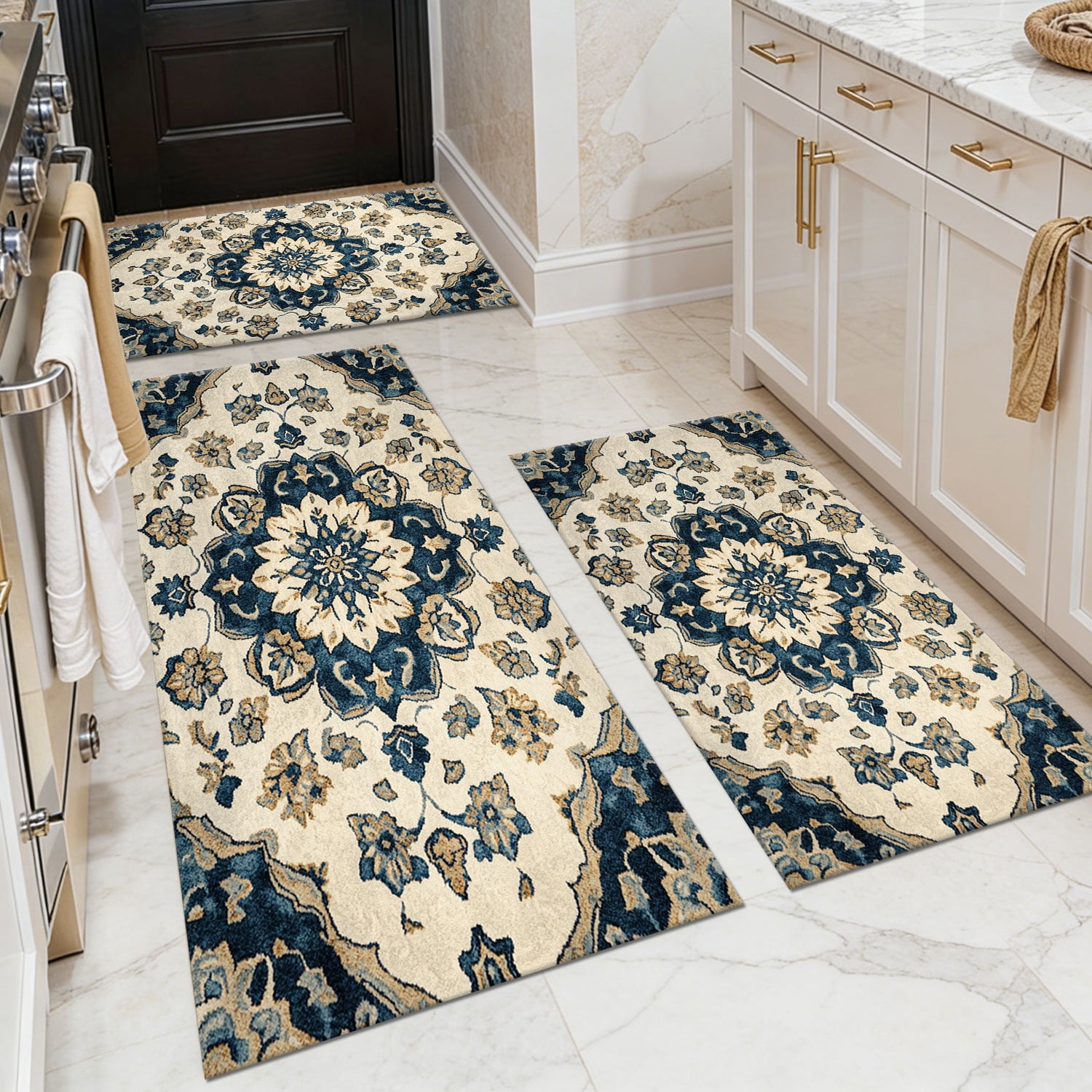 3 Piece Kitchen Rug Set, Non-Slip And Washable, Abstract Pattern Kitchen Hallway Rug, Soft And Comfortable, Suitable For Sinks, Floors, Entrances, Hallways and Bathrooms