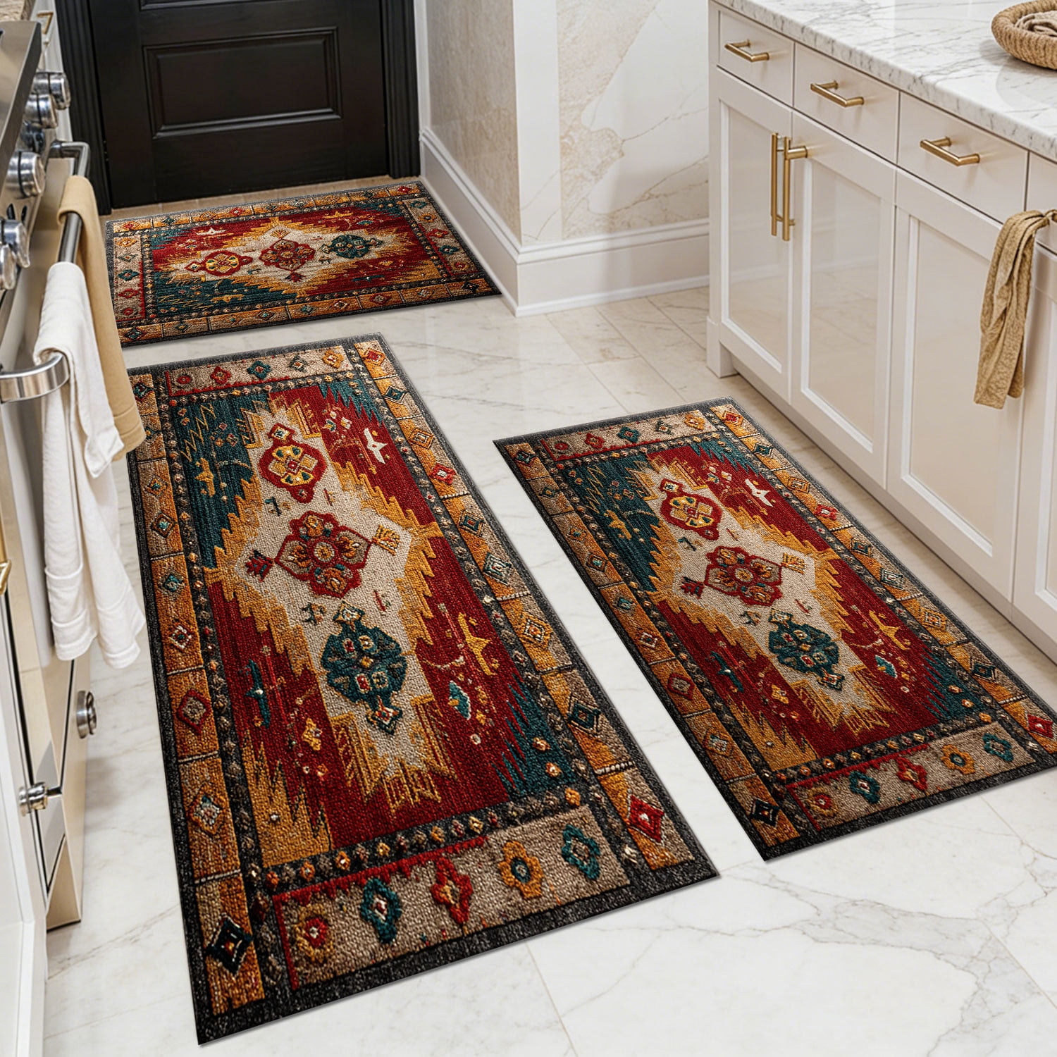 3 Piece Kitchen Rug Set, Non-Slip And Washable, Abstract Pattern Kitchen Hallway Rug, Soft And Comfortable, Suitable For Sinks, Floors, Entrances, Hallways and Bathrooms