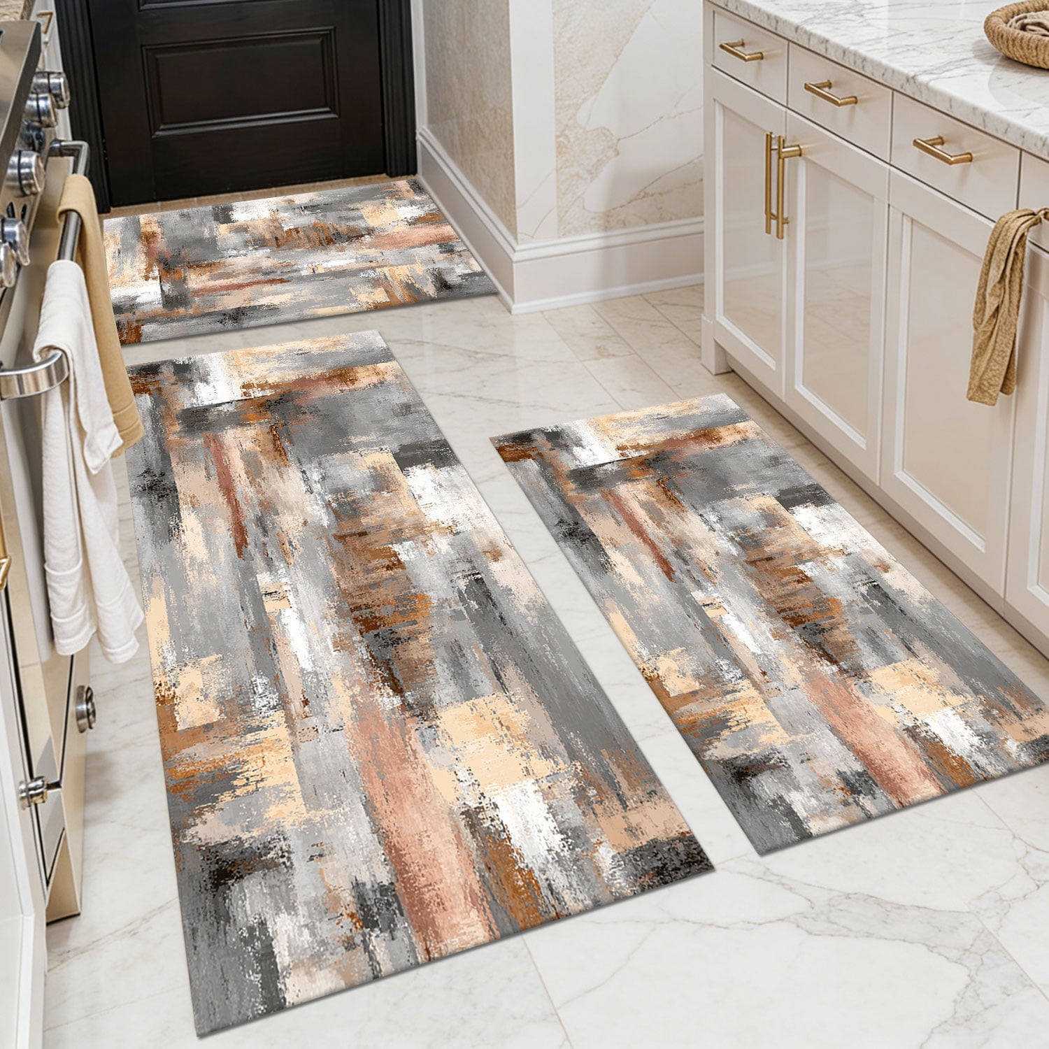 3 Piece Kitchen Rug Set, Non-Slip And Washable, Abstract Pattern Kitchen Hallway Rug, Soft And Comfortable, Suitable For Sinks, Floors, Entrances, Hallways and Bathrooms