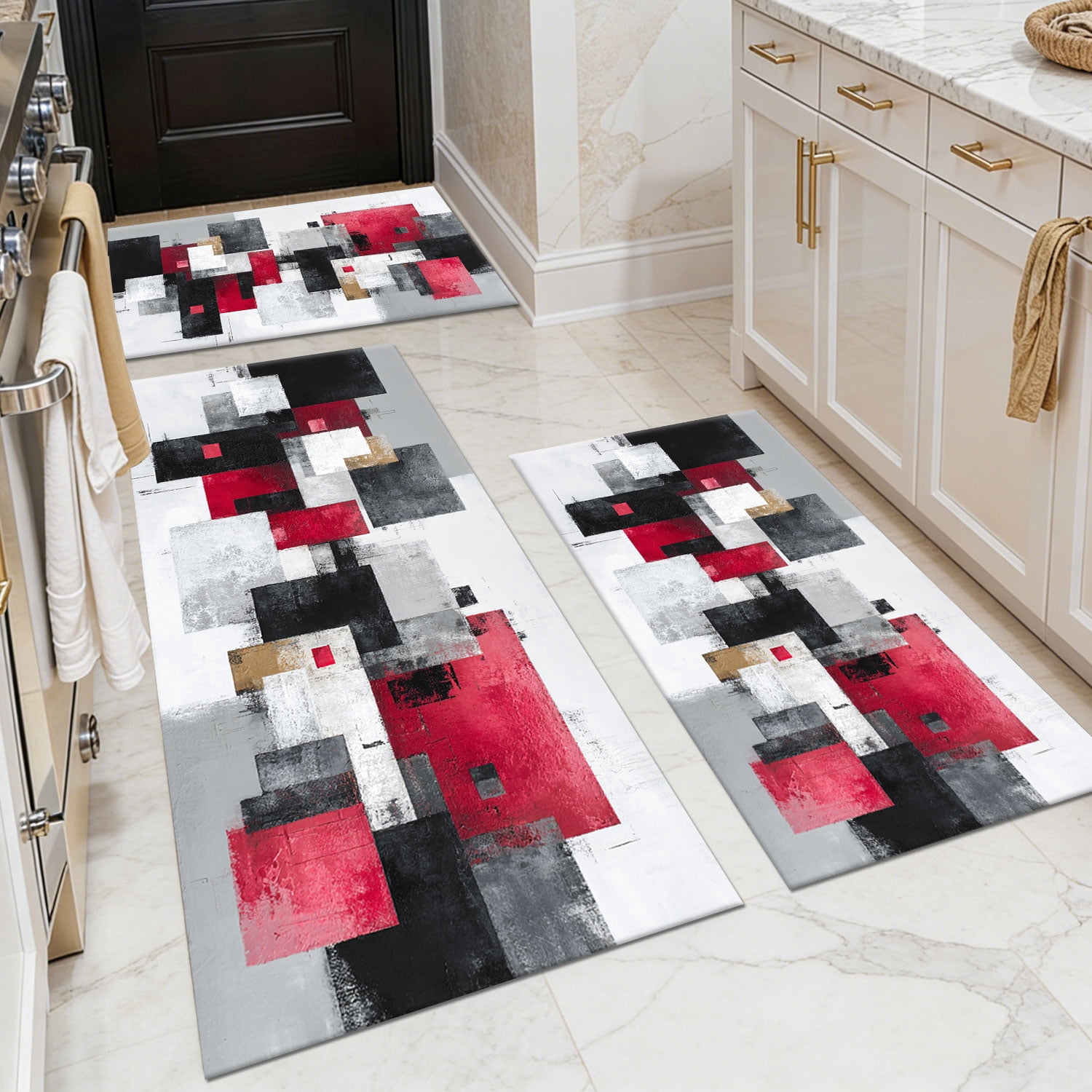 3 Piece Kitchen Rug Set, Non-Slip And Washable, Abstract Pattern Kitchen Hallway Rug, Soft And Comfortable, Suitable For Sinks, Floors, Entrances, Hallways and Bathrooms