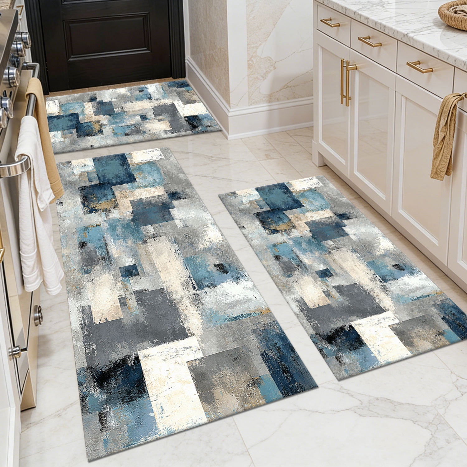 3 Piece Kitchen Rug Set, Non-Slip And Washable, Abstract Pattern Kitchen Hallway Rug, Soft And Comfortable, Suitable For Sinks, Floors, Entrances, Hallways and Bathrooms