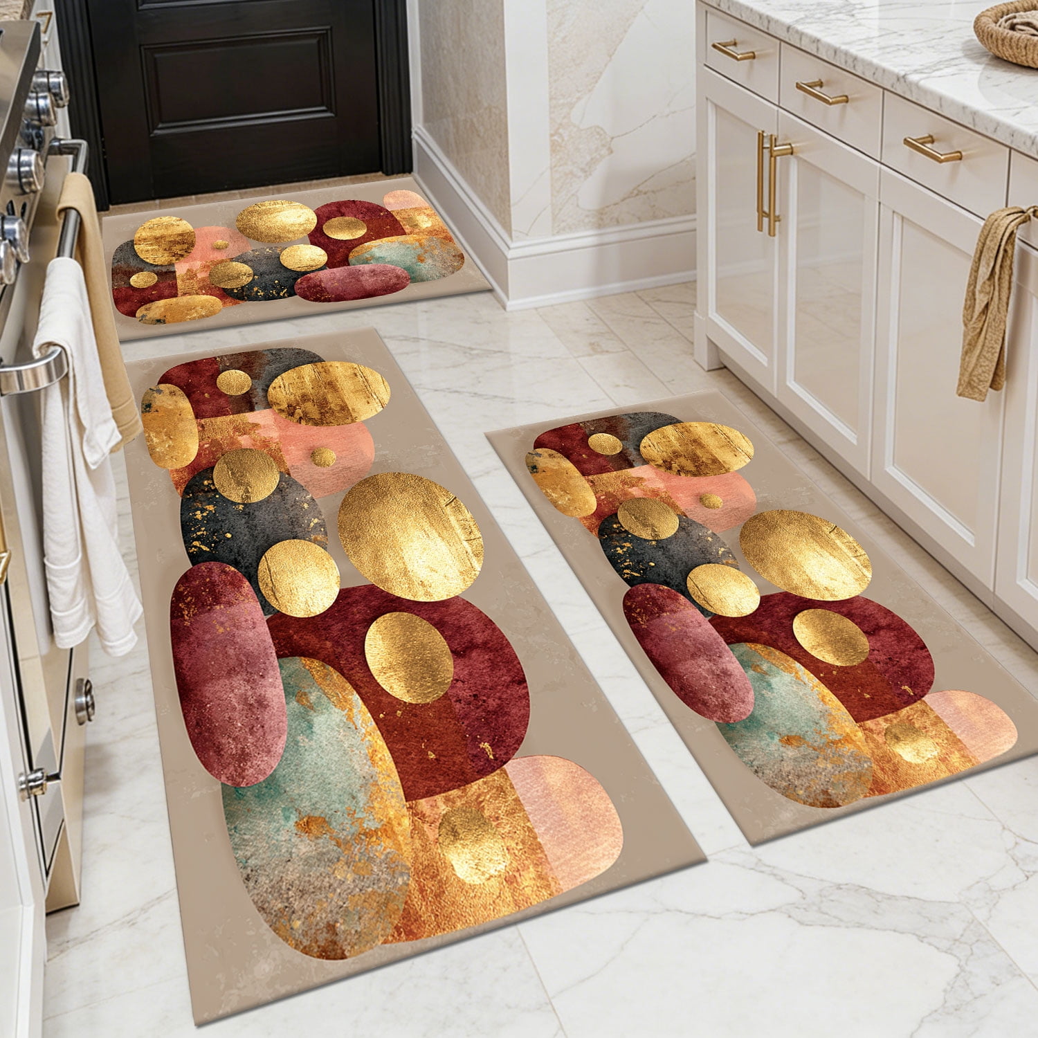 3 Piece Kitchen Rug Set, Non-Slip And Washable, Abstract Pattern Kitchen Hallway Rug, Soft And Comfortable, Suitable For Sinks, Floors, Entrances, Hallways and Bathrooms