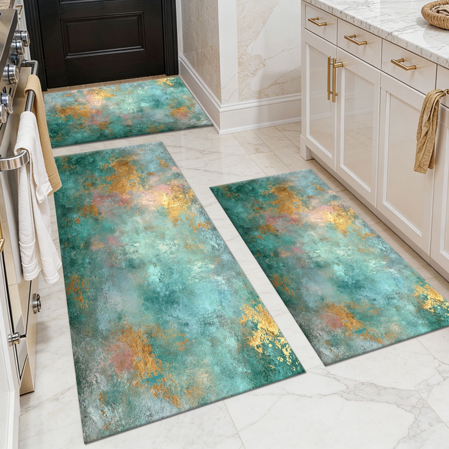3 Piece Kitchen Rug Set, Non-Slip And Washable, Abstract Pattern Kitchen Hallway Rug, Soft And Comfortable, Suitable For Sinks, Floors, Entrances, Hallways and Bathrooms