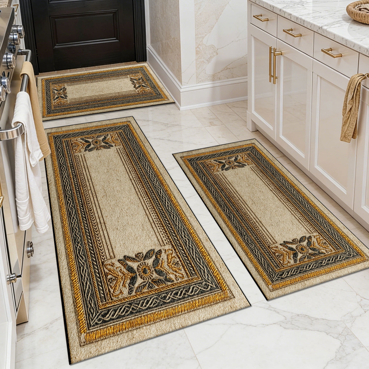 3 Piece Kitchen Rug Set, Non-Slip And Washable, Abstract Pattern Kitchen Hallway Rug, Soft And Comfortable, Suitable For Sinks, Floors, Entrances, Hallways and Bathrooms