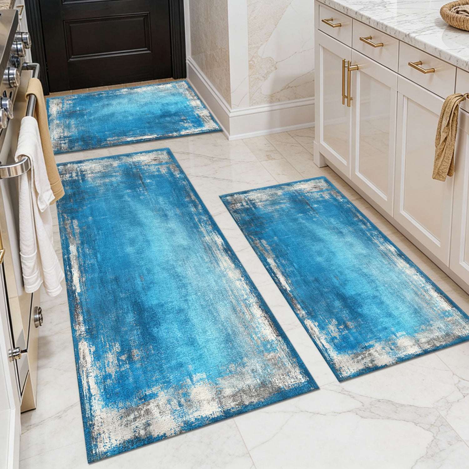 3 Piece Kitchen Rug Set, Non-Slip And Washable, Abstract Pattern Kitchen Hallway Rug, Soft And Comfortable, Suitable For Sinks, Floors, Entrances, Hallways and Bathrooms