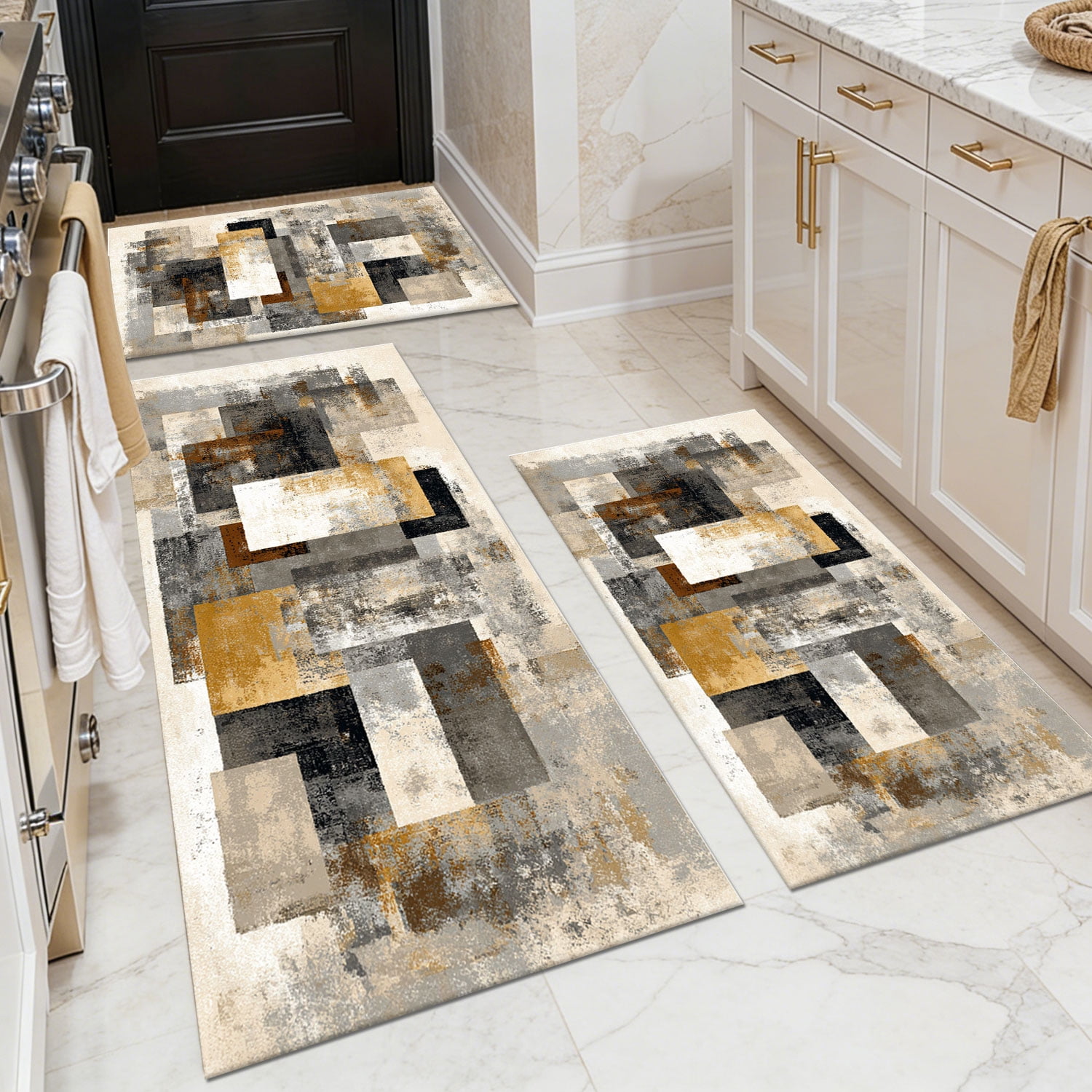 3 Piece Kitchen Rug Set, Non-Slip And Washable, Abstract Pattern Kitchen Hallway Rug, Soft And Comfortable, Suitable For Sinks, Floors, Entrances, Hallways and Bathrooms
