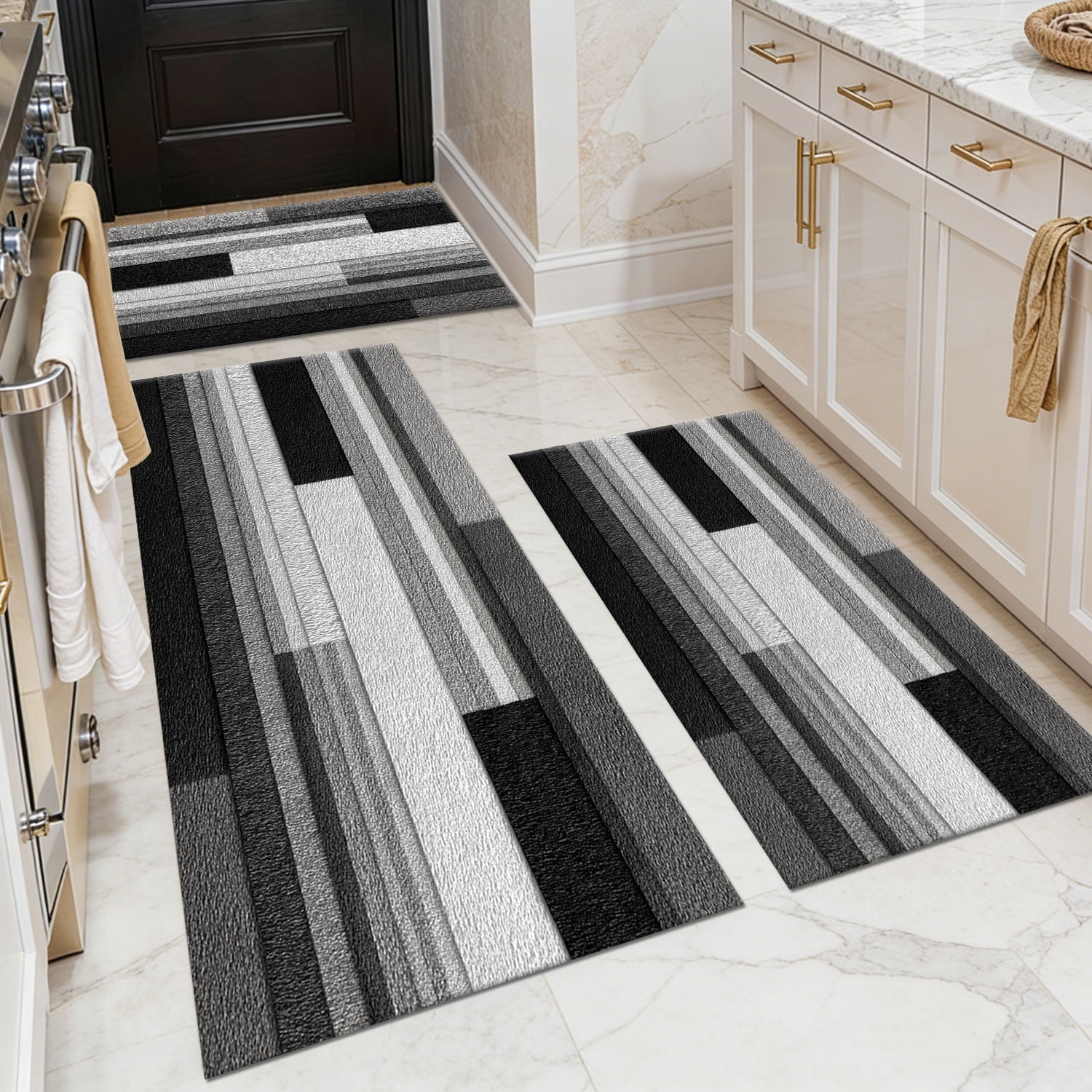 3 Piece Kitchen Rug Set, Non-Slip And Washable, Abstract Pattern Kitchen Hallway Rug, Soft And Comfortable, Suitable For Sinks, Floors, Entrances, Hallways and Bathrooms