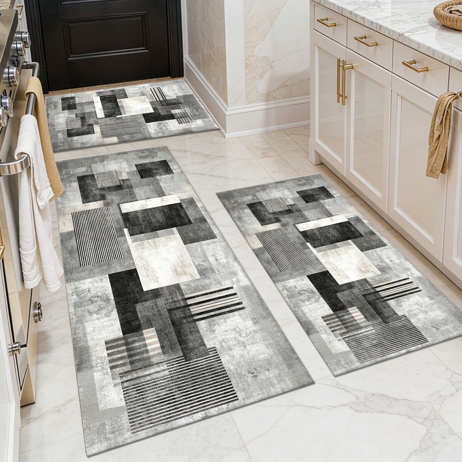 3 Piece Kitchen Rug Set, Non-Slip And Washable, Abstract Pattern Kitchen Hallway Rug, Soft And Comfortable, Suitable For Sinks, Floors, Entrances, Hallways and Bathrooms