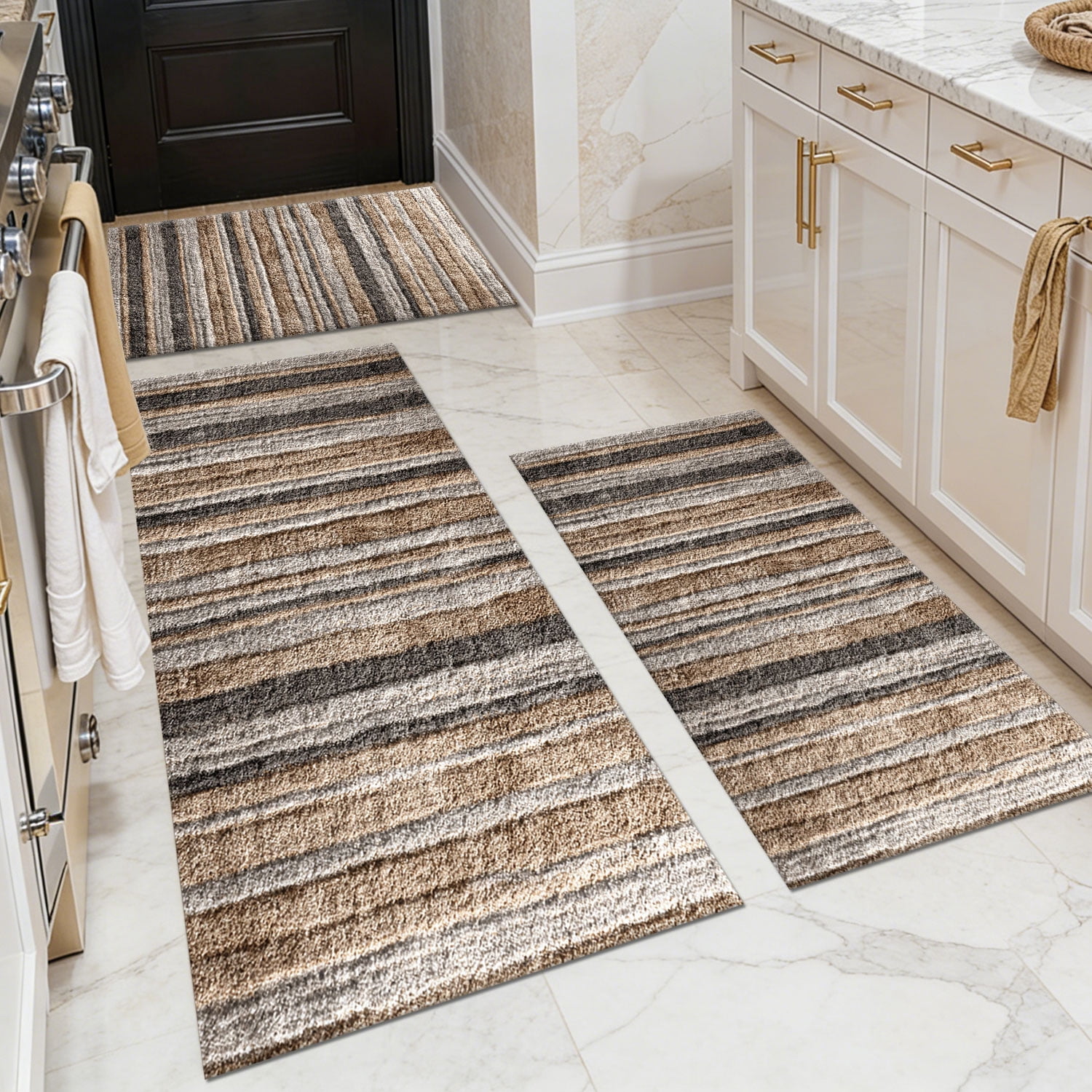 3 Piece Kitchen Rug Set, Non-Slip And Washable, Abstract Pattern Kitchen Hallway Rug, Soft And Comfortable, Suitable For Sinks, Floors, Entrances, Hallways and Bathrooms