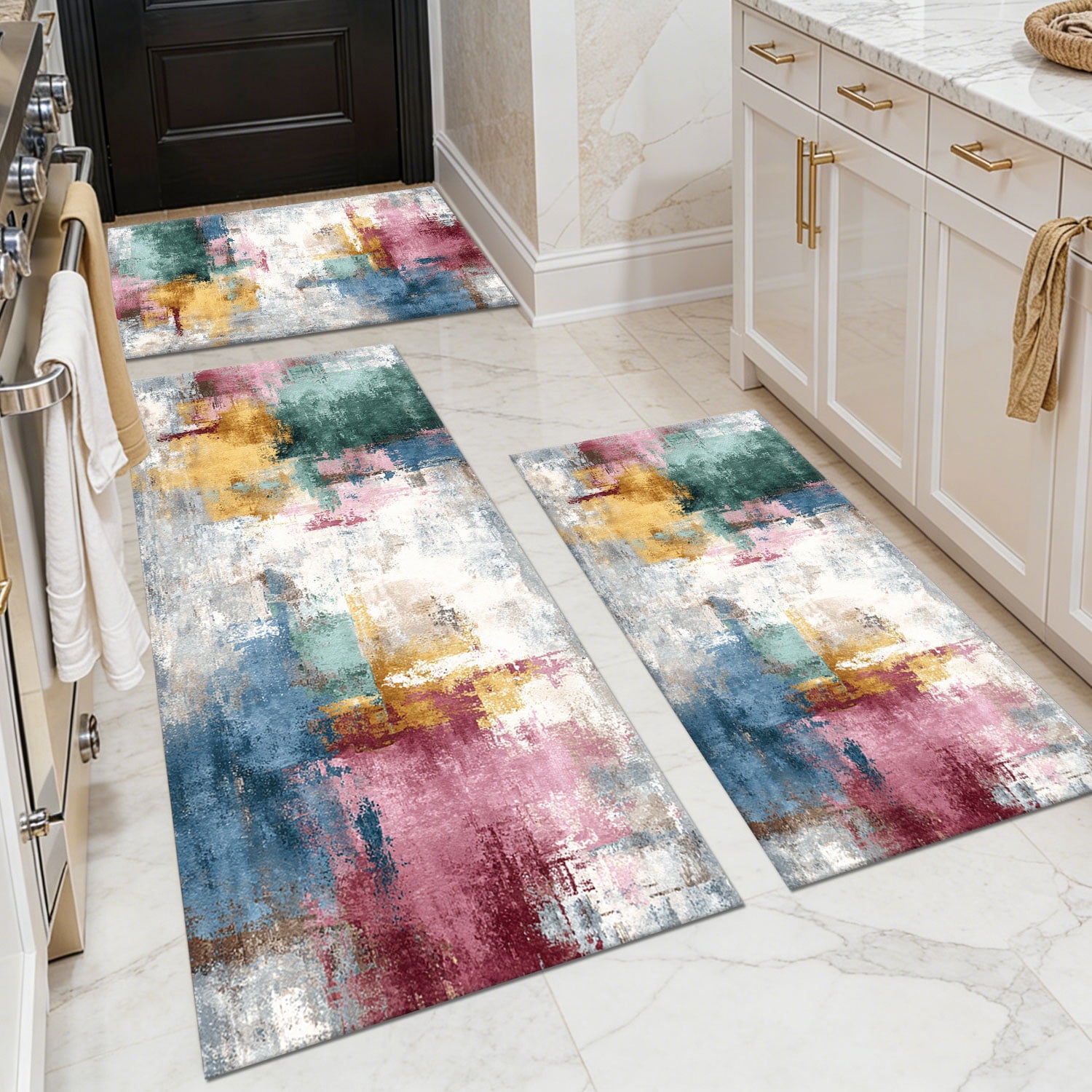 3 Piece Kitchen Rug Set, Non-Slip And Washable, Abstract Pattern Kitchen Hallway Rug, Soft And Comfortable, Suitable For Sinks, Floors, Entrances, Hallways and Bathrooms