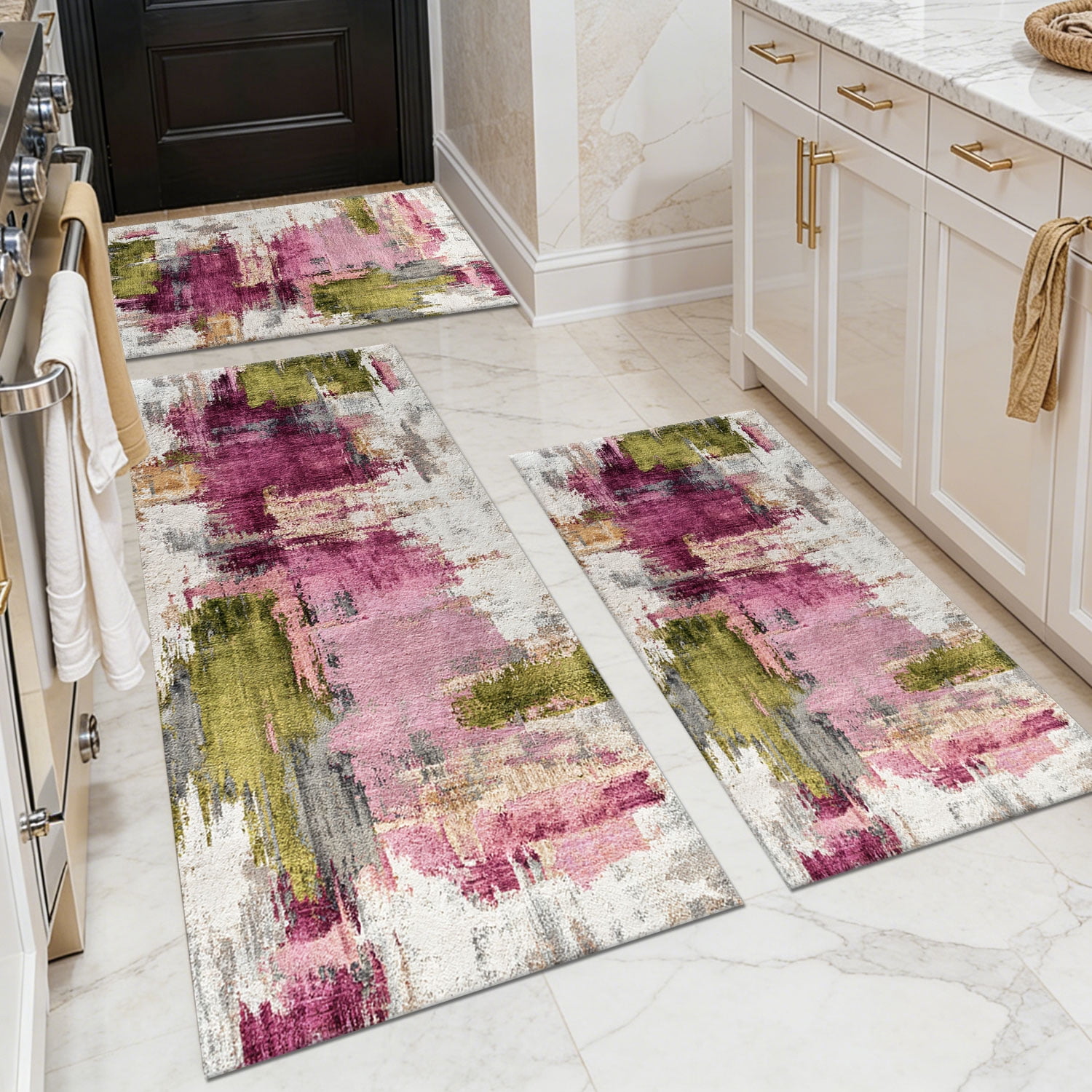3 Piece Kitchen Rug Set, Non-Slip And Washable, Abstract Pattern Kitchen Hallway Rug, Soft And Comfortable, Suitable For Sinks, Floors, Entrances, Hallways and Bathrooms