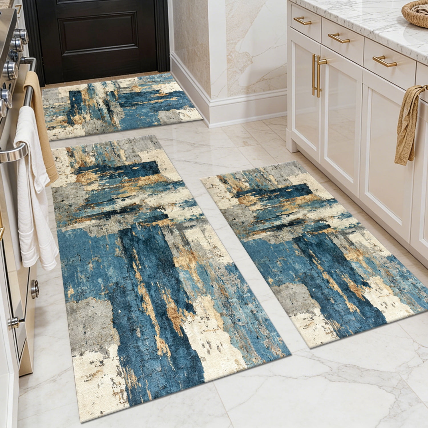 3 Piece Kitchen Rug Set, Non-Slip And Washable, Abstract Pattern Kitchen Hallway Rug, Soft And Comfortable, Suitable For Sinks, Floors, Entrances, Hallways and Bathrooms