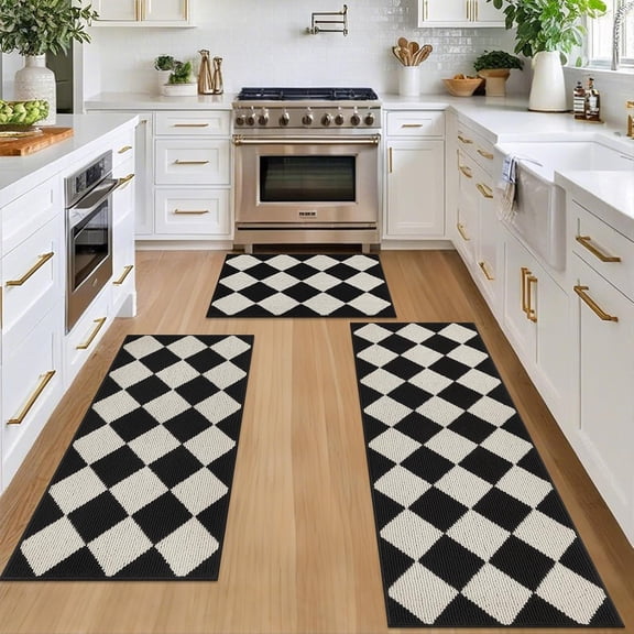 3-Piece Kitchen Rug Set Washable Non-Slip Runner Mats for Floor Sink Area 20x30 in 20x47 in 20x59 in Black and White