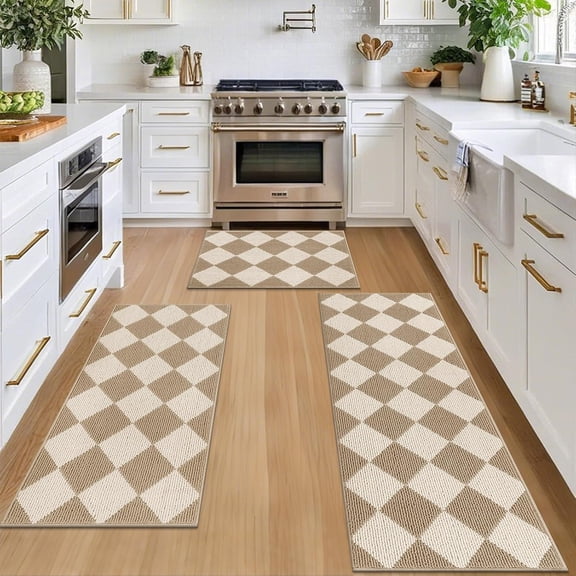 3-Piece Kitchen Rug Set Washable Non Slip Runner Mats for Sink Area Hallway Entryway 20x30 20x47 20x59 Inches Beige and White