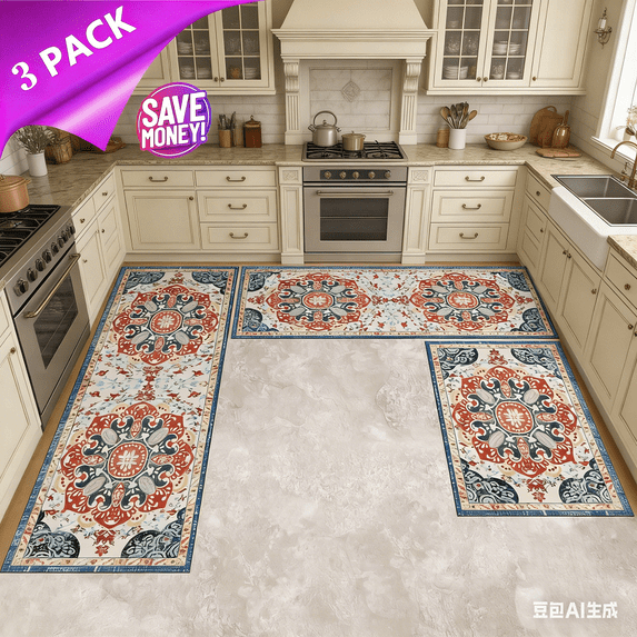 3 Piece Kitchen Rugs Set with Runner Non Slip Washable Floor Mats Boho Chic Vintage Design Farmhouse Rug Set 20x32 20x47 20x59 Inches for Kitchen Sink Laundry Room Hallway Office Commercial Use