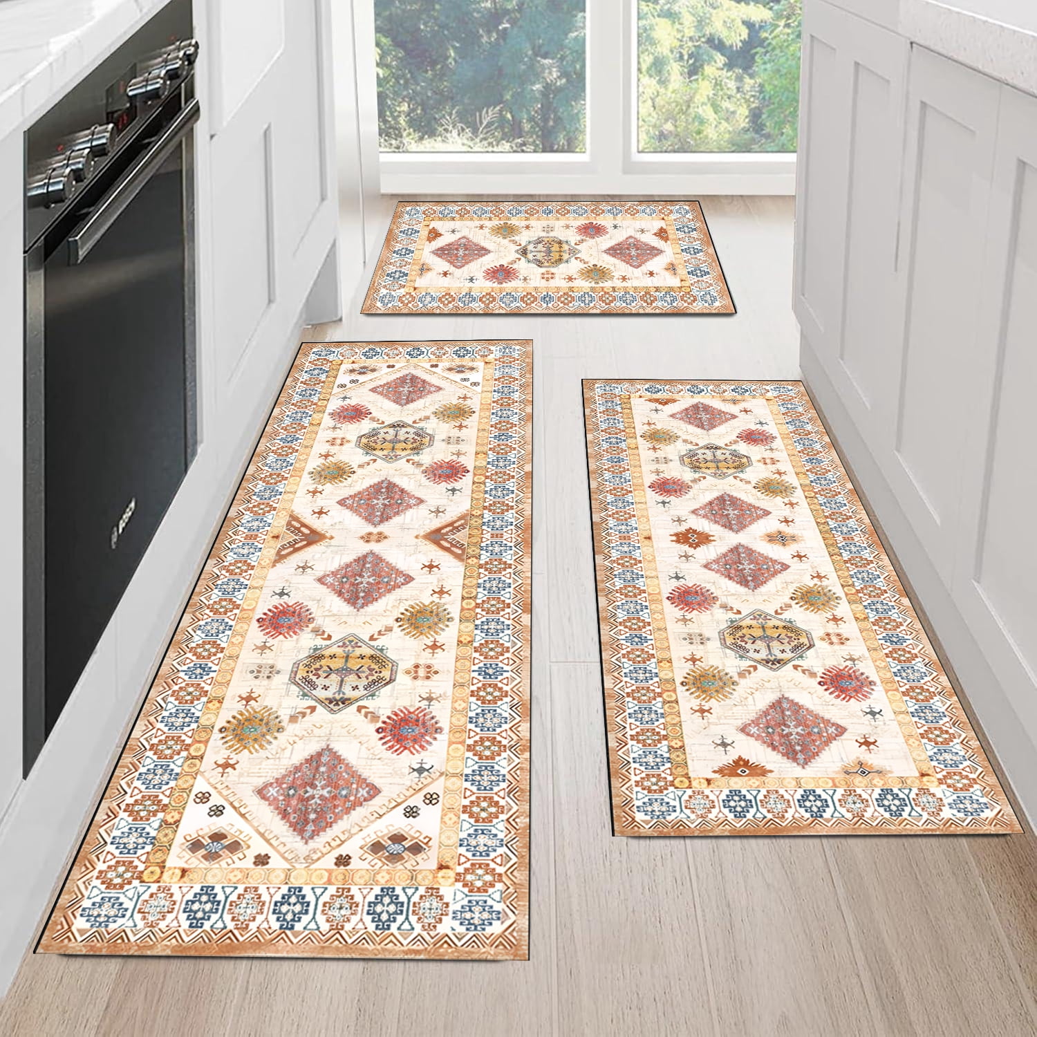 3 Piece Kitchen Rugs Set with Runner, Non-Slip TPR Cotton Backing Washable Kitchen Floor Mats, for Kitchen Laundry Hallway Bathroom