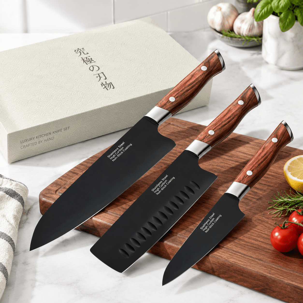 3-Piece Kitchen Set, 13.5, Rustproof Coated High Carbon Steel, Wood ...