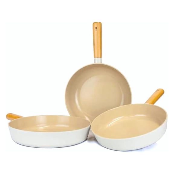 3-Piece Kitchen Stir Frying Pan Wok Set with Wood Handle, Nonstick Ceramic Coating Skillet, Induction Compatible, Made in Korea