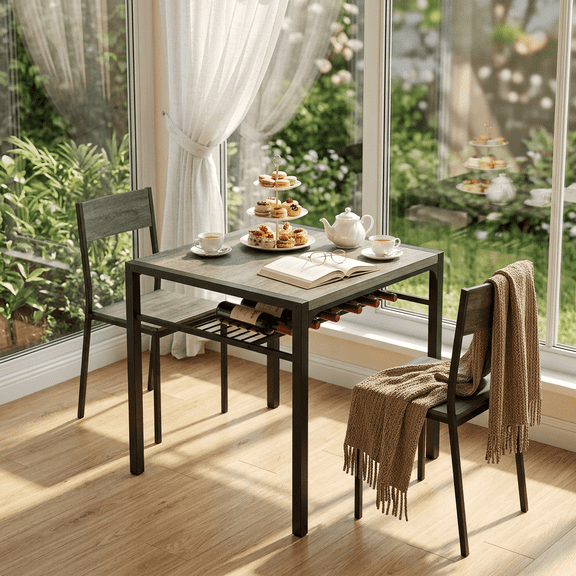 3-Piece Kitchen Table Set for 2, Wooden Dining Table and Chairs with Storage Rack for Small Space, Apartment, Breakfast Nook, Space-Saving, 300lbs, Gray