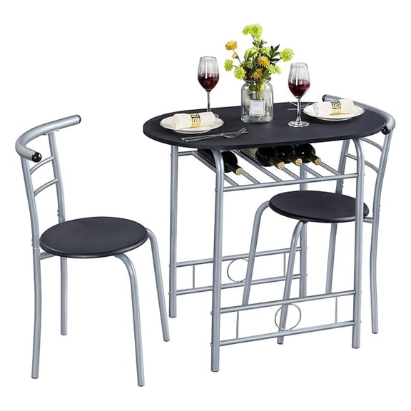 3 Piece Kitchen Table Set - Dining Table Sets for 2 - Compact Table and Chairs w/Steel Frame & Shelf Storage for Small Spaces, Apartment,Bistro - Black