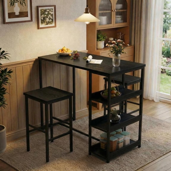 3-Piece Kitchen Table Set - Dining Table with Storage & 2 Bar Stools, Iron & Wood for Small Spaces, Apartments & Condos, Black