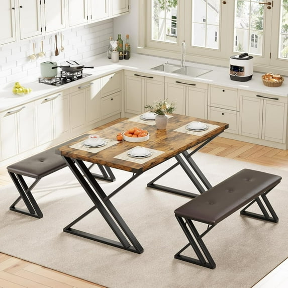 3 Piece Kitchen Table Set for 4, Dining Table with 2 Benches, for Small Space, Apartment, for Dining Room