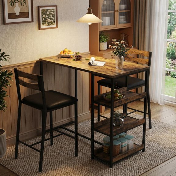 3-Piece Kitchen Table Set with Storage Shelves & 2 Upholstered Chairs - Iron and Wood Dining Table for Small Spaces, Apartments, Condos, Rustic Brown
