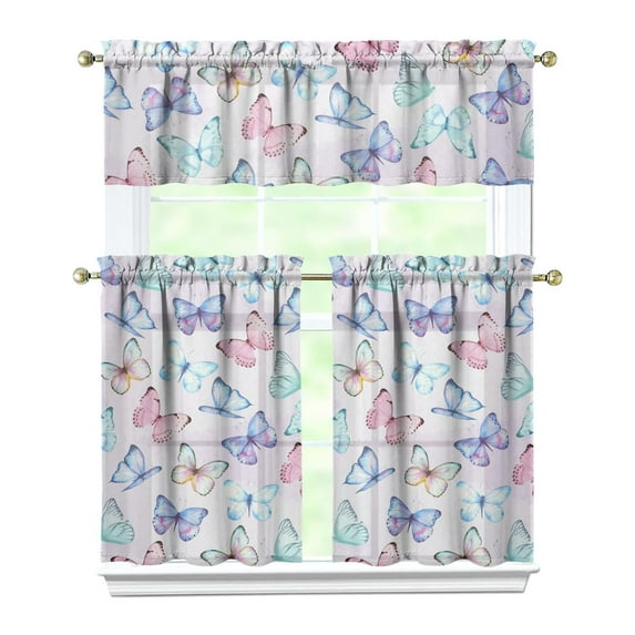 3-Piece Kitchen Valance & Tier Curtains - Romantic Butterfly & Flowers, Light Filtering Window Panels