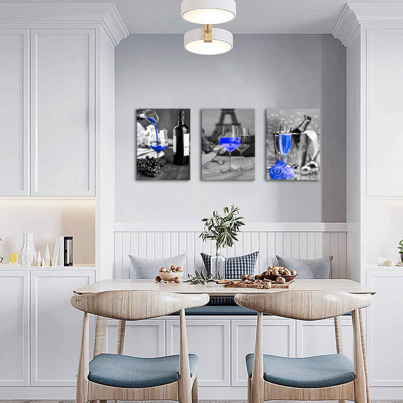 3 Piece Kitchen Wall Art For Kitchen Dining Room Wall Decor Blue Wine Bottle Glass Canvas Painting HD Giclee Poster Prints Wine Wall Art Artwork Picture Black And White Ready To Hang 12"x16"x3