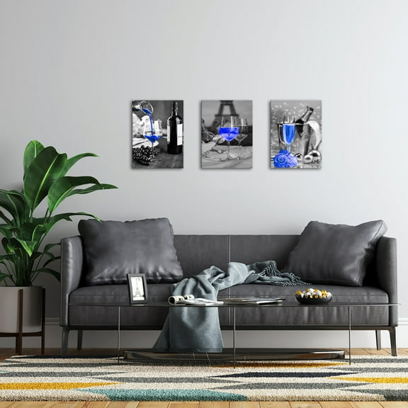 3 Piece Kitchen Wall Art For Kitchen Dining Room Wall Decor Blue Wine Bottle Glass Canvas Painting HD Giclee Poster Prints Wine Wall Art Artwork Picture Black And White Ready To Hang 12"x16"x3