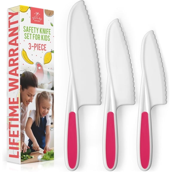 3-Piece Knife Set for Real Cooking & Baking - Toddler Knives for Cutting Fruits, Safe & Fun Lettuce Knife (Hot Pink)