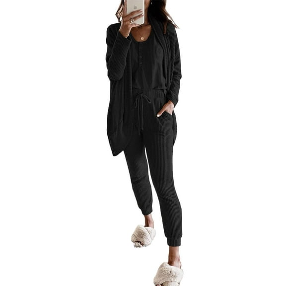3 Piece Knit Loungewear Womens Lounge Pajama Set Cami Tank Top Soft Pants & Coat Waffle