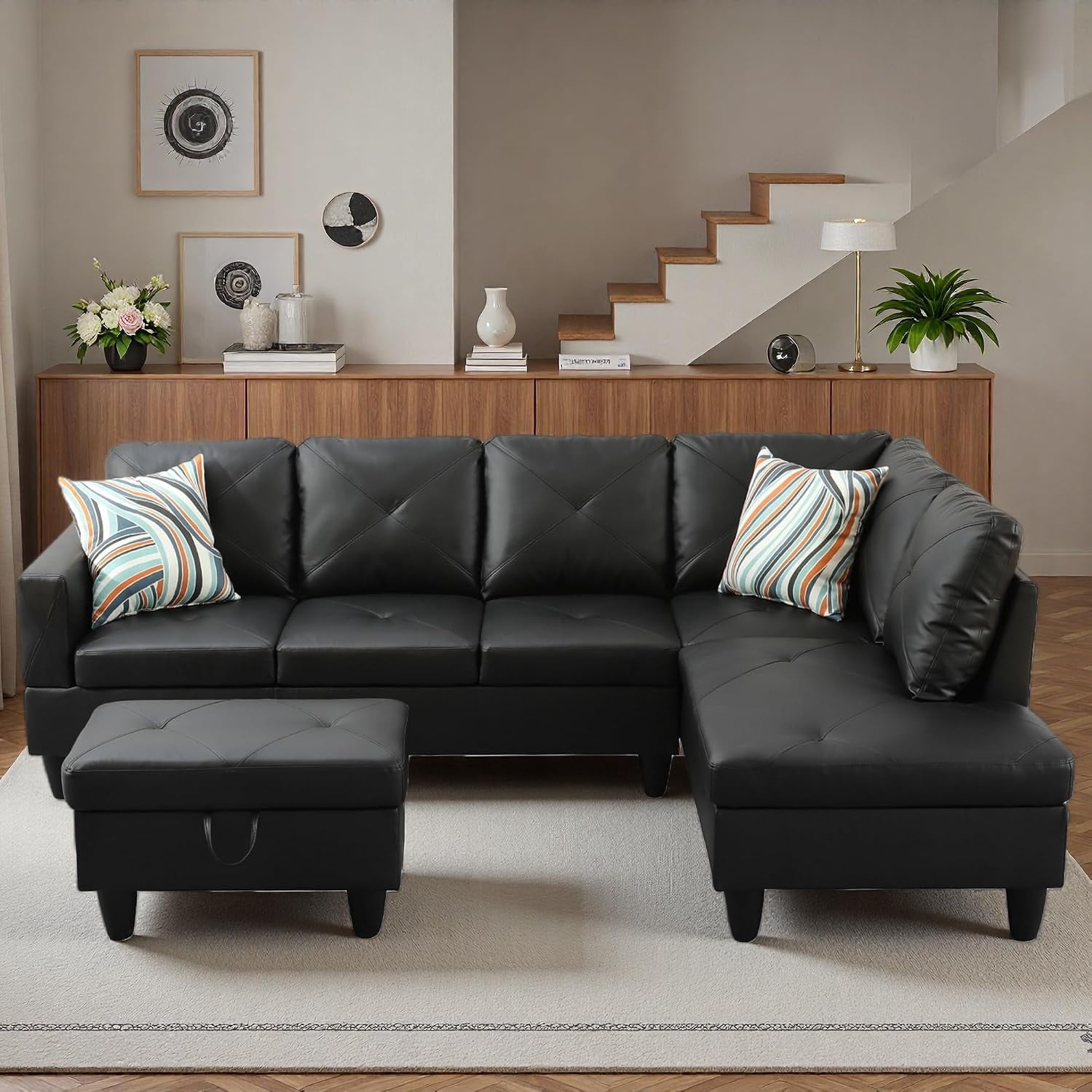 3-Piece L-Shaped Sectional Sofa with Movable Chaise & Storage Ottoman, Faux Leather Living Room Modular Convertible Couches Set for Home Apartment Office, Black