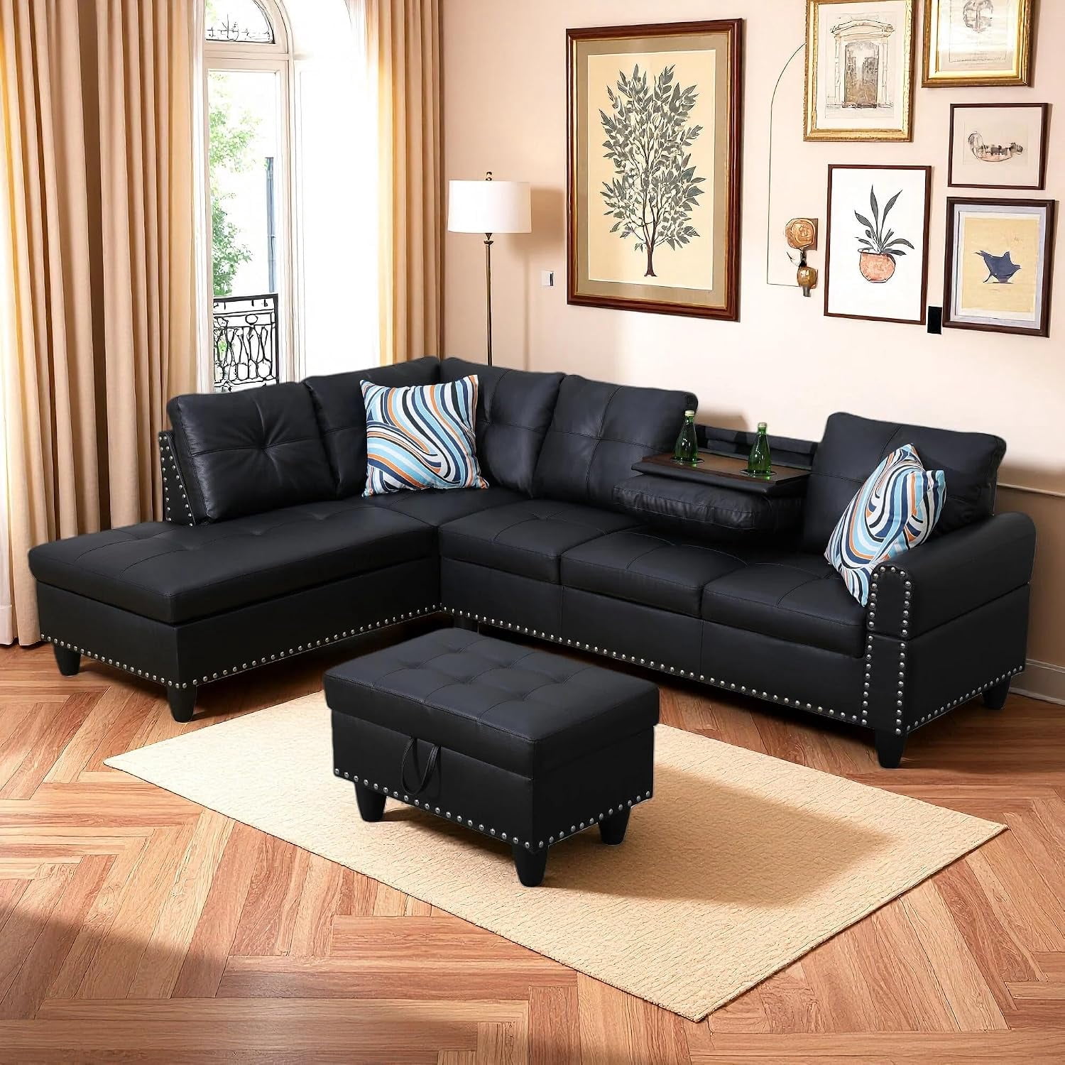 3-Piece L-Shaped Sectional Sofa with Movable Chaise & Storage Ottoman, Faux Leather Living Room Modular Convertible Couches Set for Home Apartment Office, Black