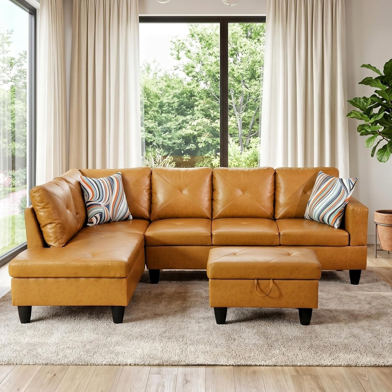3-Piece L-Shaped Sectional Sofa with Movable Chaise & Storage Ottoman, Faux Leather Living Room Modular Convertible Couches Set for Home Apartment Office, Ginger