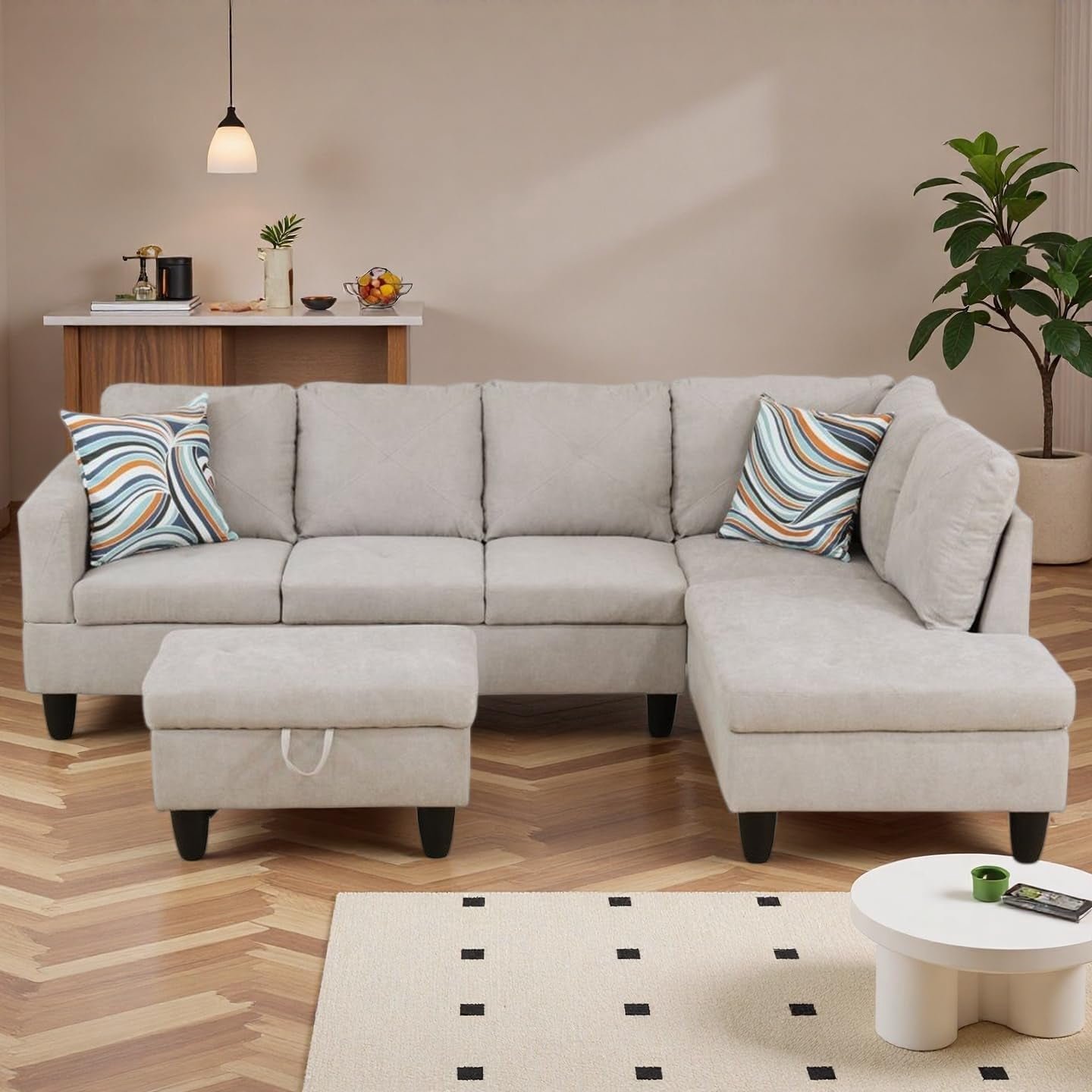 3-Piece L-Shaped Sectional Sofa with Movable Chaise & Storage Ottoman, Flannelette Living Room Modular Convertible Couches Set for Home Apartment Office, Off-White