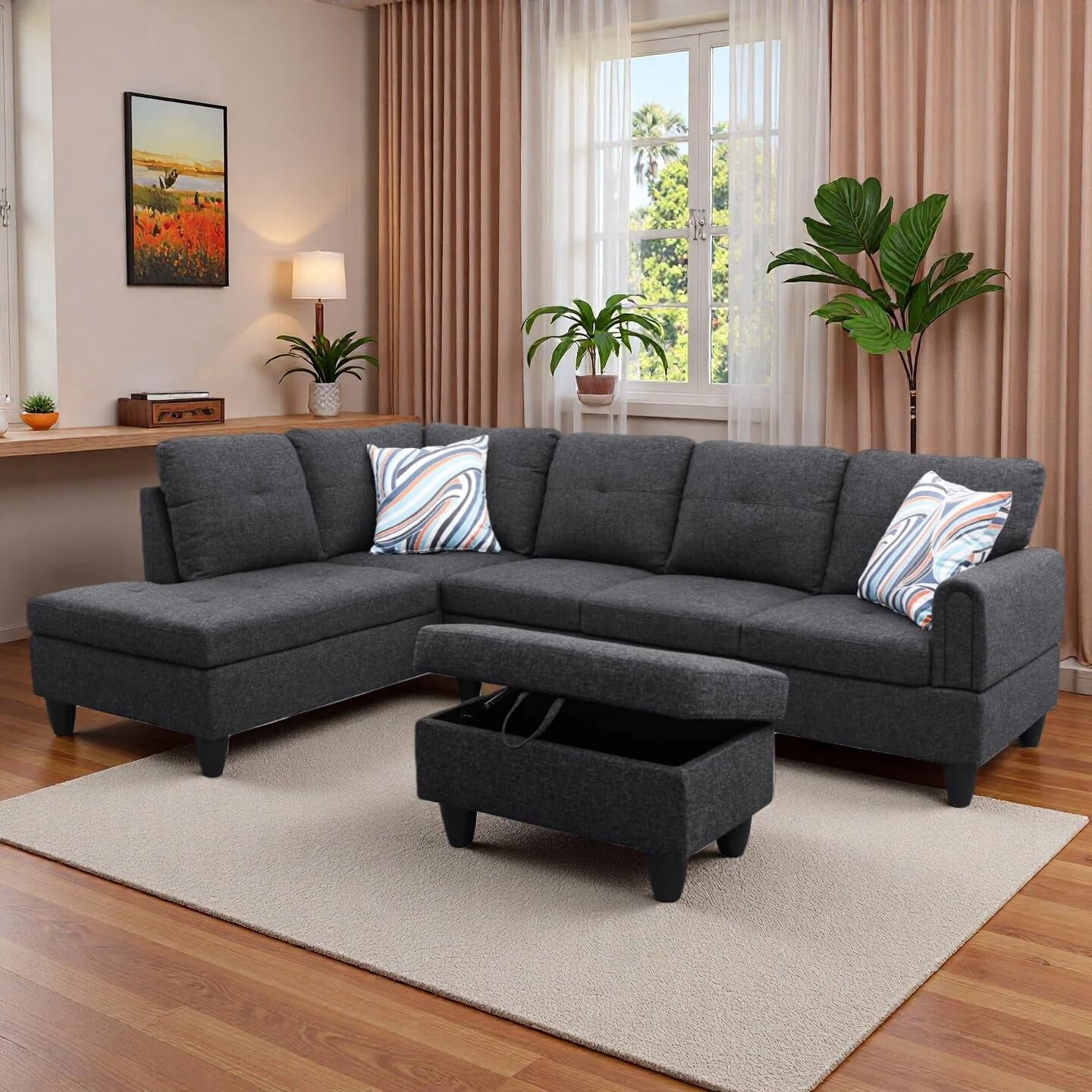 3-Piece L-Shaped Sectional Sofa with Movable Chaise & Storage Ottoman, Linen Living Room Modular Convertible Couches Set for Home Apartment Office, Black Grey
