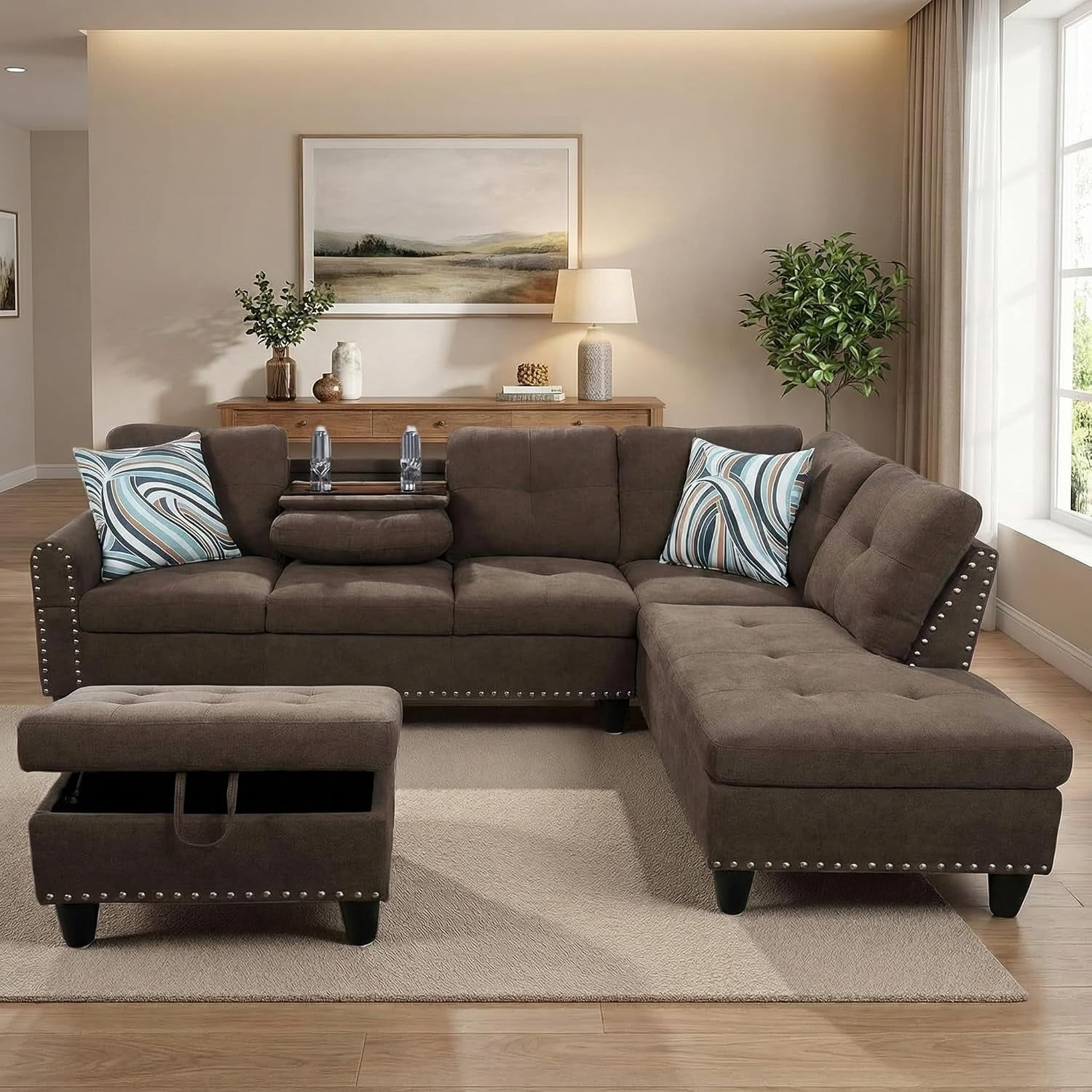 3-Piece L-Shaped Sectional Sofa with Movable Chaise & Storage Ottoman, Linen Living Room Modular Convertible Couches Set for Home Apartment Office, Brown