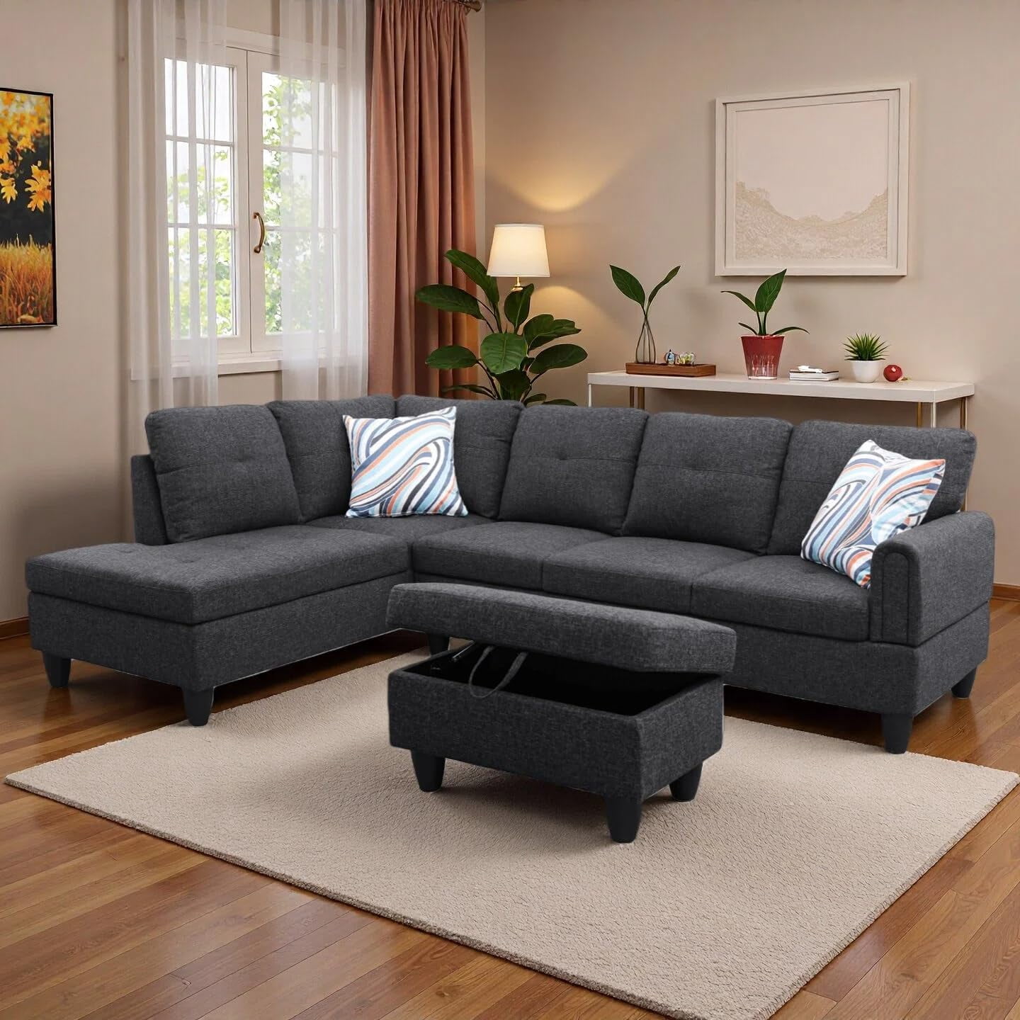 3-Piece L-Shaped Sectional Sofa Set with Movable Chaise & Storage Ottoman, 6 Seater Lounge Modular Convertible Couches for Living Room, Apartment & Office, Blackish Gray
